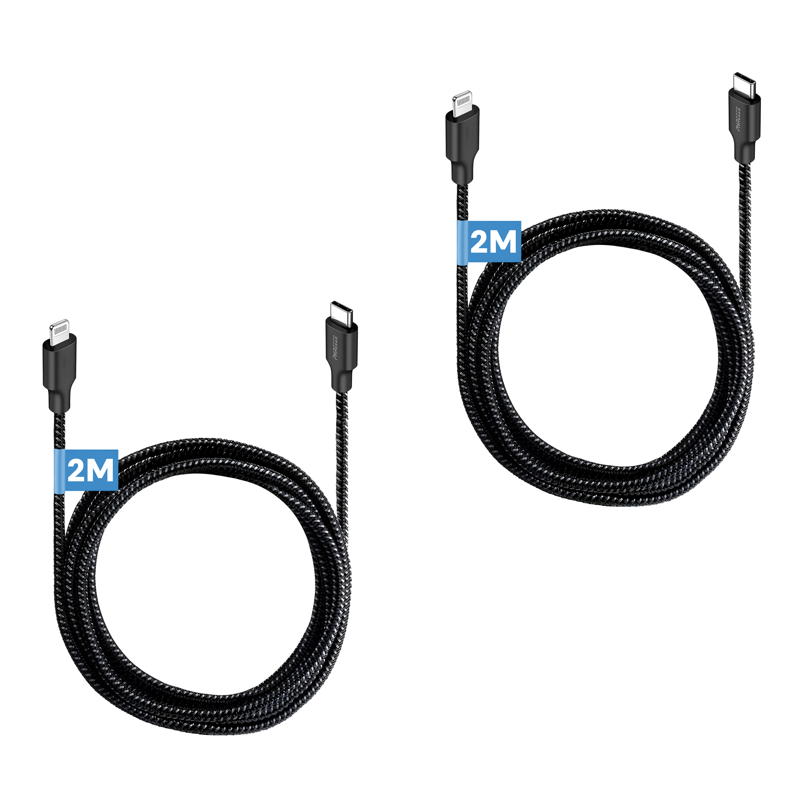 Twee zwarte USB-kabels met 2M labels, opgerold in cirkels. Witte achtergrond.