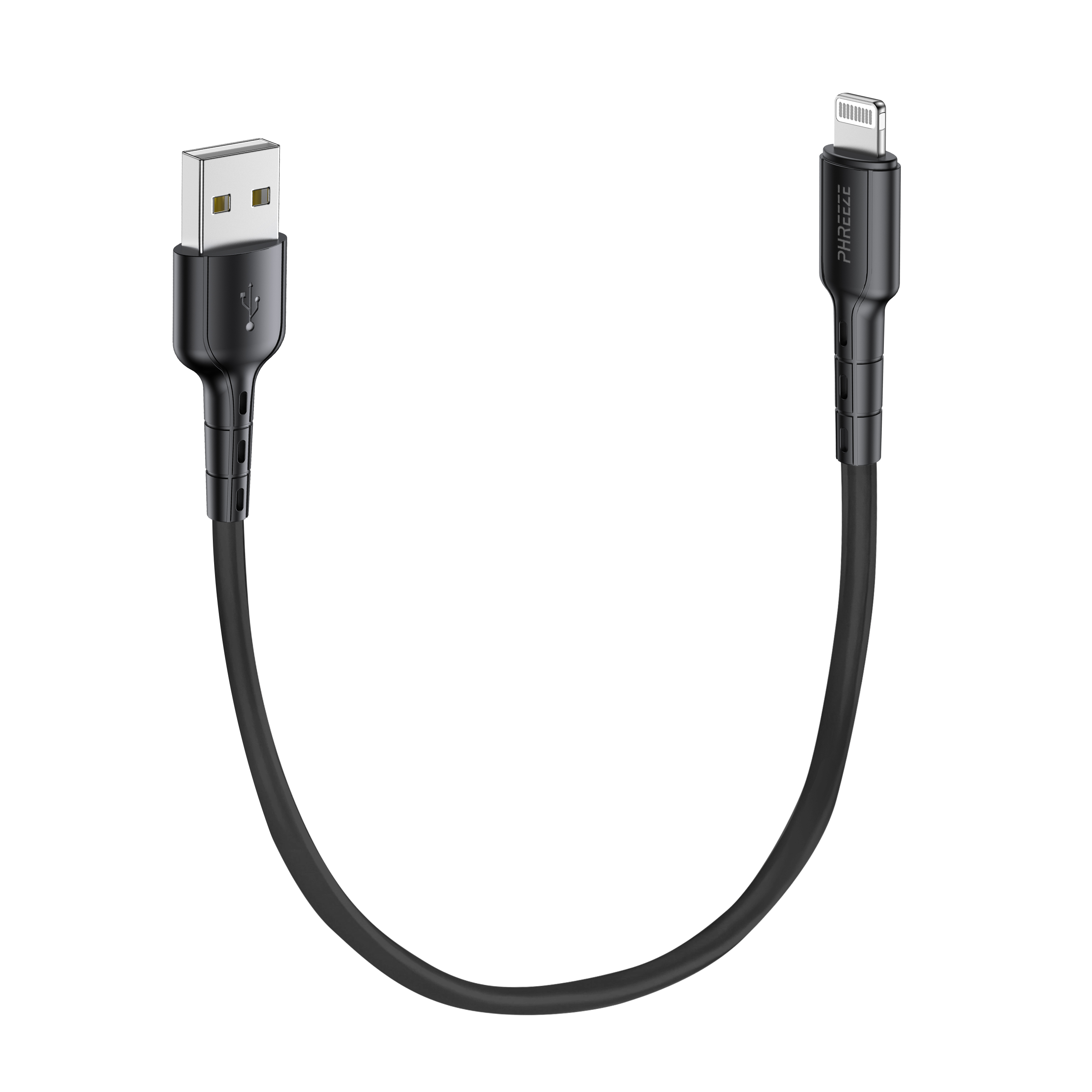 A black USB to Lightning cable is shown against a white background.