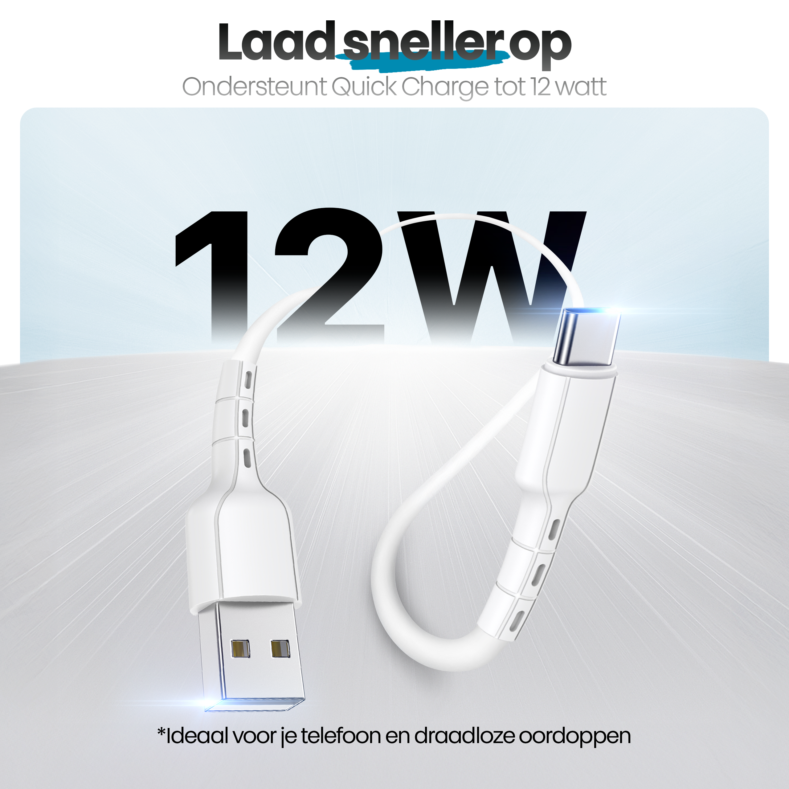 Een witte USB-oplaadkabel wordt weergegeven, met de tekst '12W' en productinformatie.