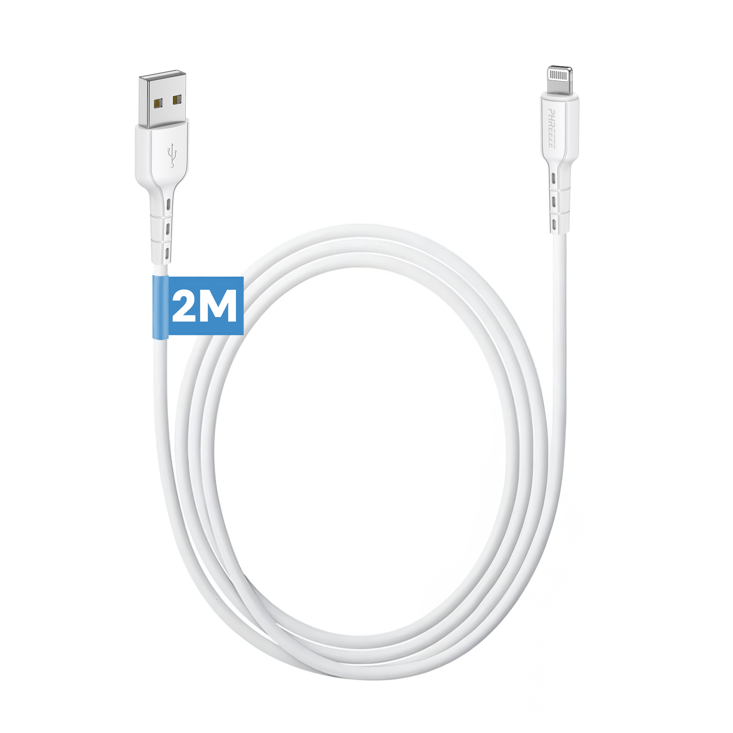 A white USB to lightning cable. The cable is 2 meters long, with a blue label in the middle.