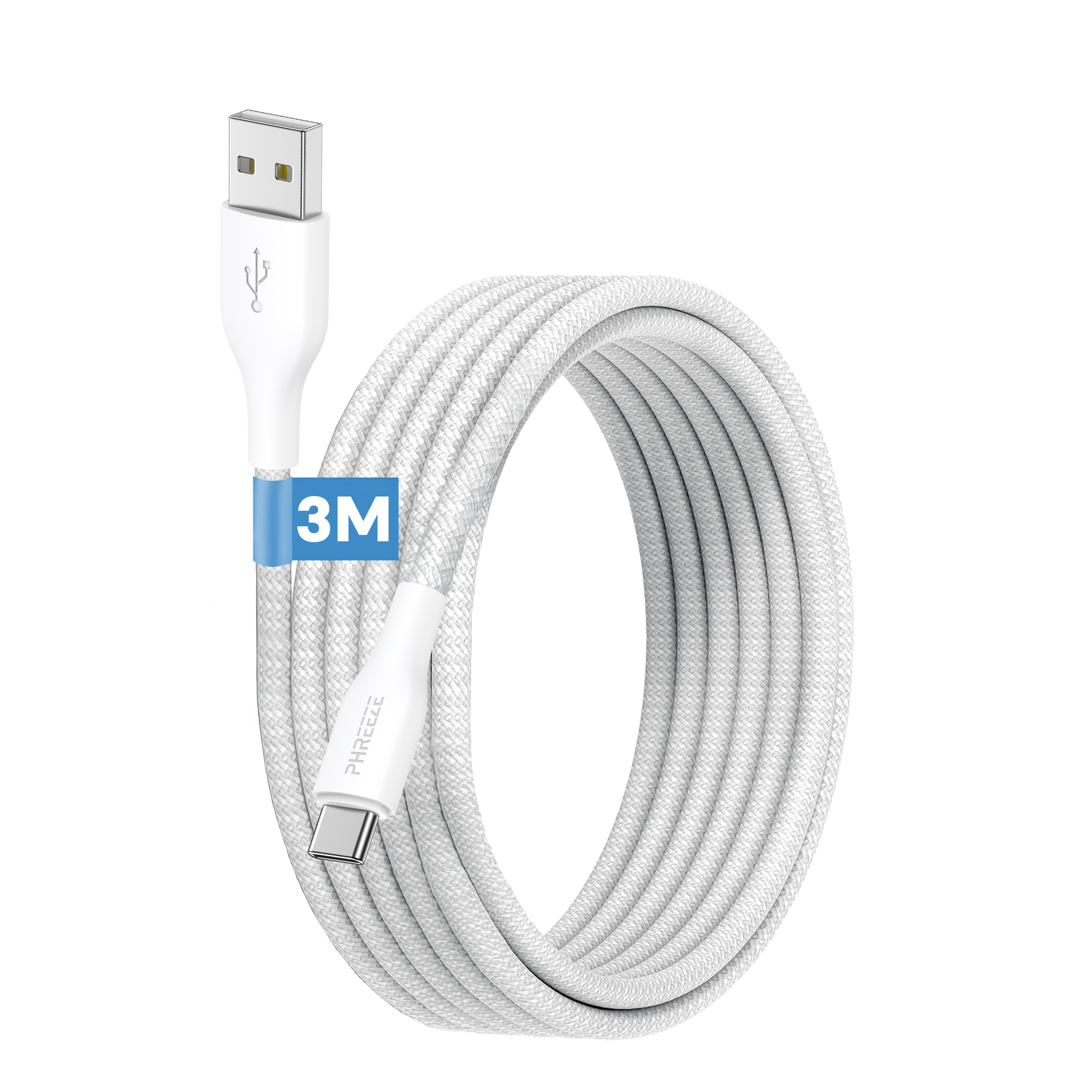 Witte USB-kabel opgerold, met een USB-connector aan één kant en een USB-C-connector aan de andere kant. 3M-label.