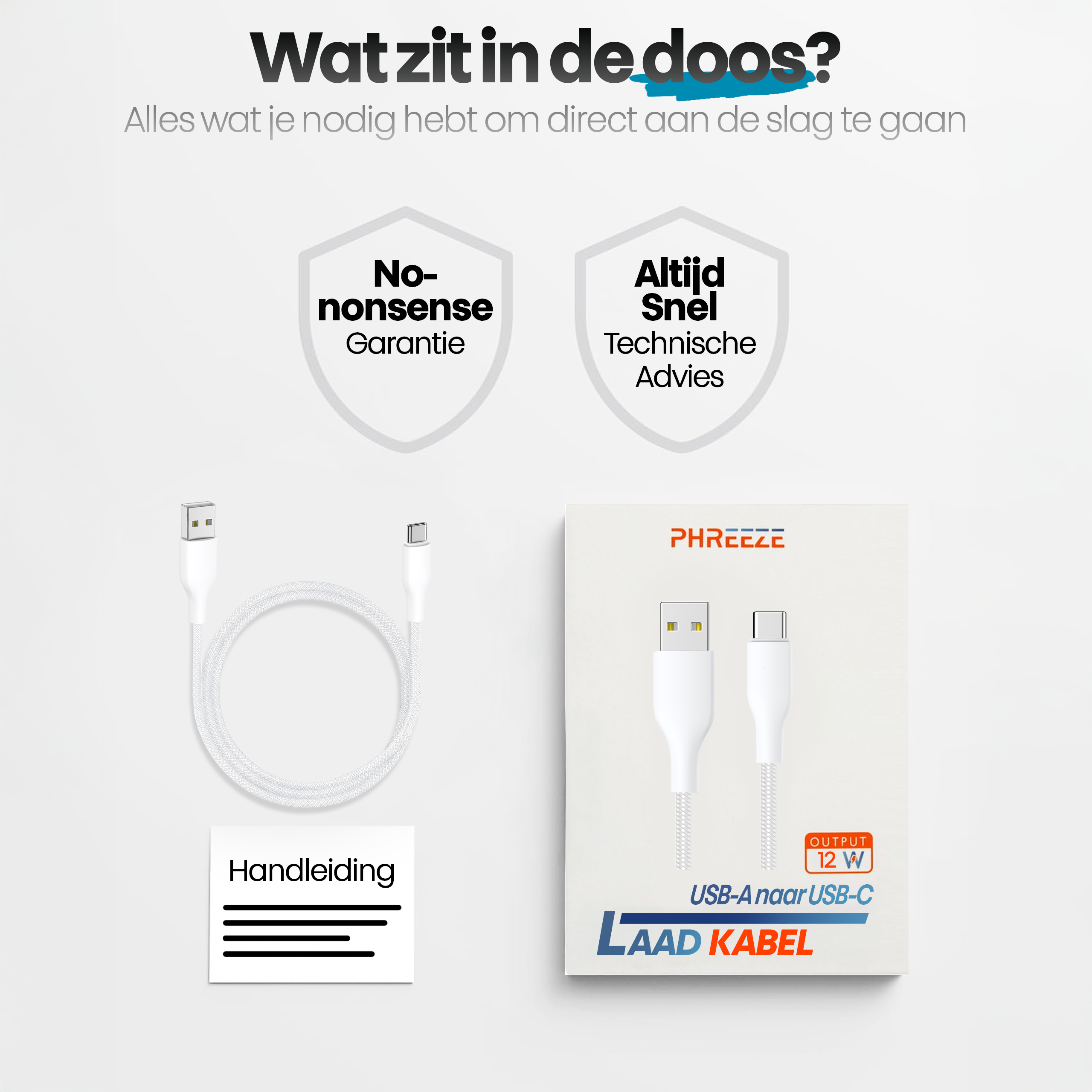 Afbeelding toont witte oplaadkabel, doos en tekst. Op de doos staat 'LAAD KABEL' en 'USB-A naar USB-C'.