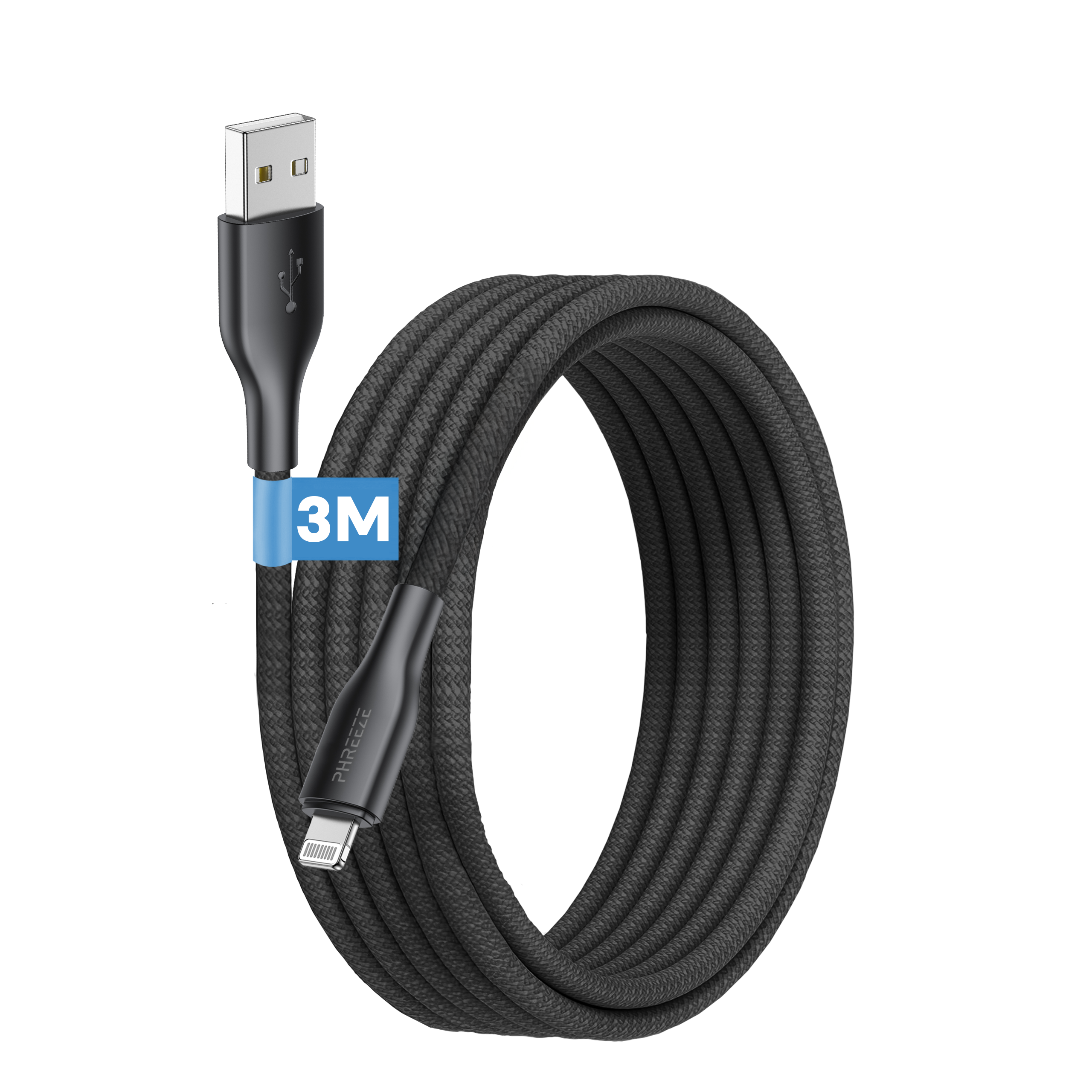 Black USB cable with a braided texture. It has a USB and Lightning connector. A blue tag says 3M.