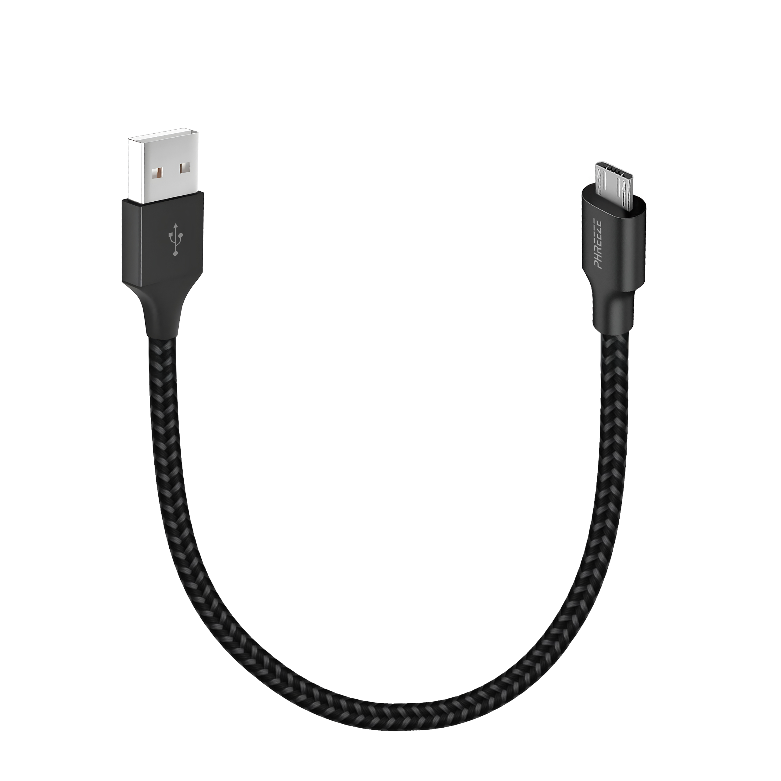 A black USB to Micro USB cable. One end has a USB connector, the other Micro USB. The cable is braided.