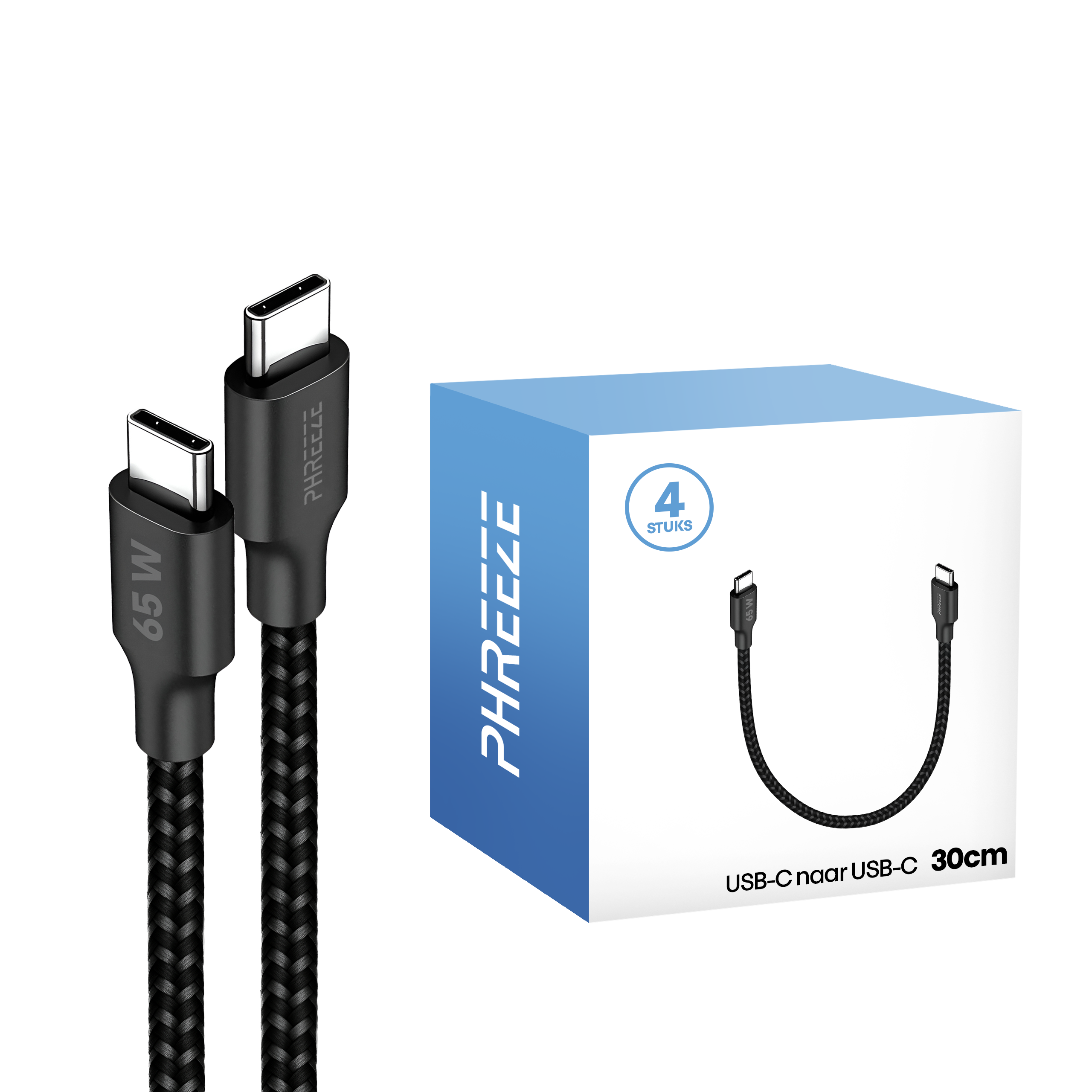Twee zwarte USB-C-kabels, een blauwe doos met een kabelafbeelding en tekst.
