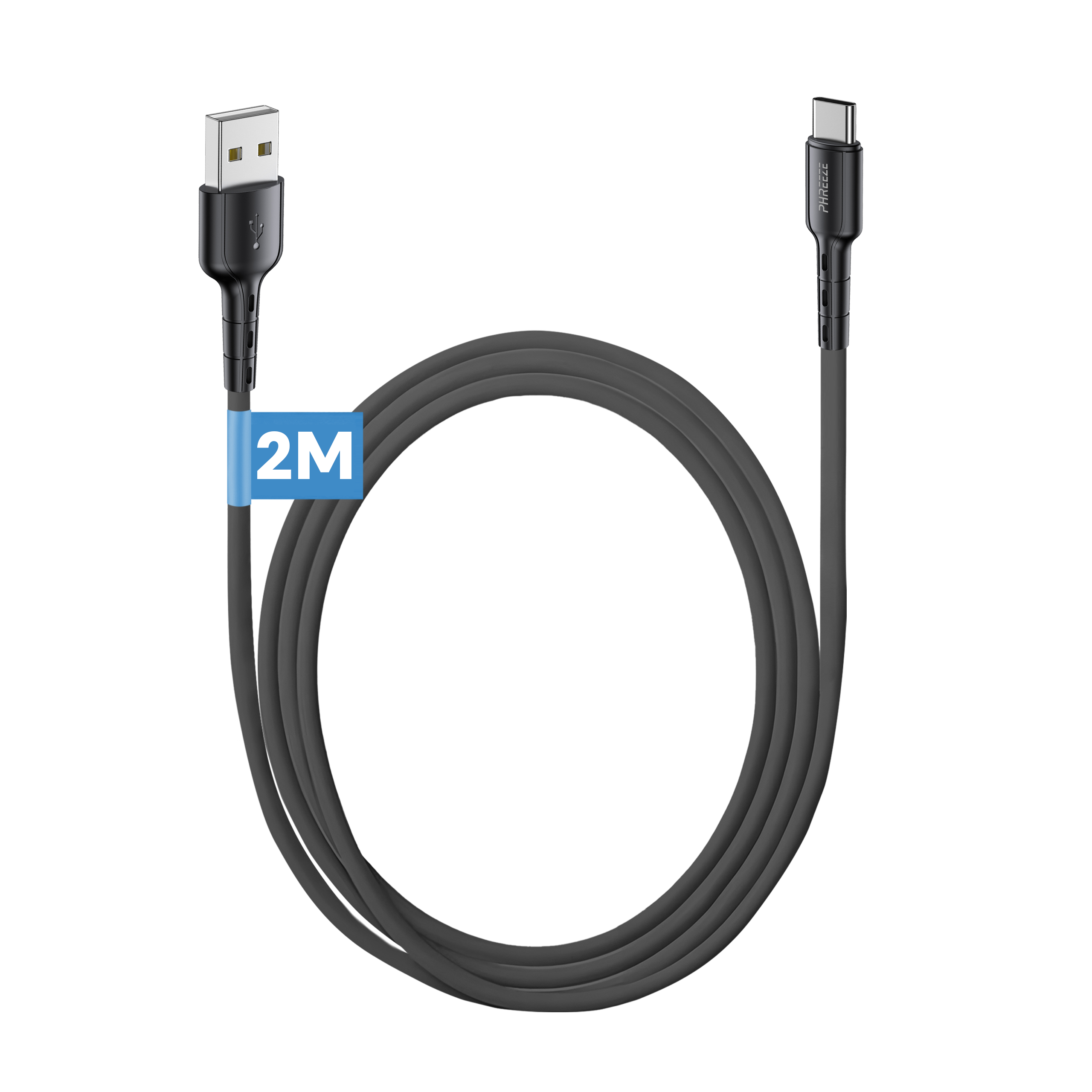 Een zwarte USB-C naar USB-A kabel, in een cirkel op een witte achtergrond. Het is gelabeld 2M.
