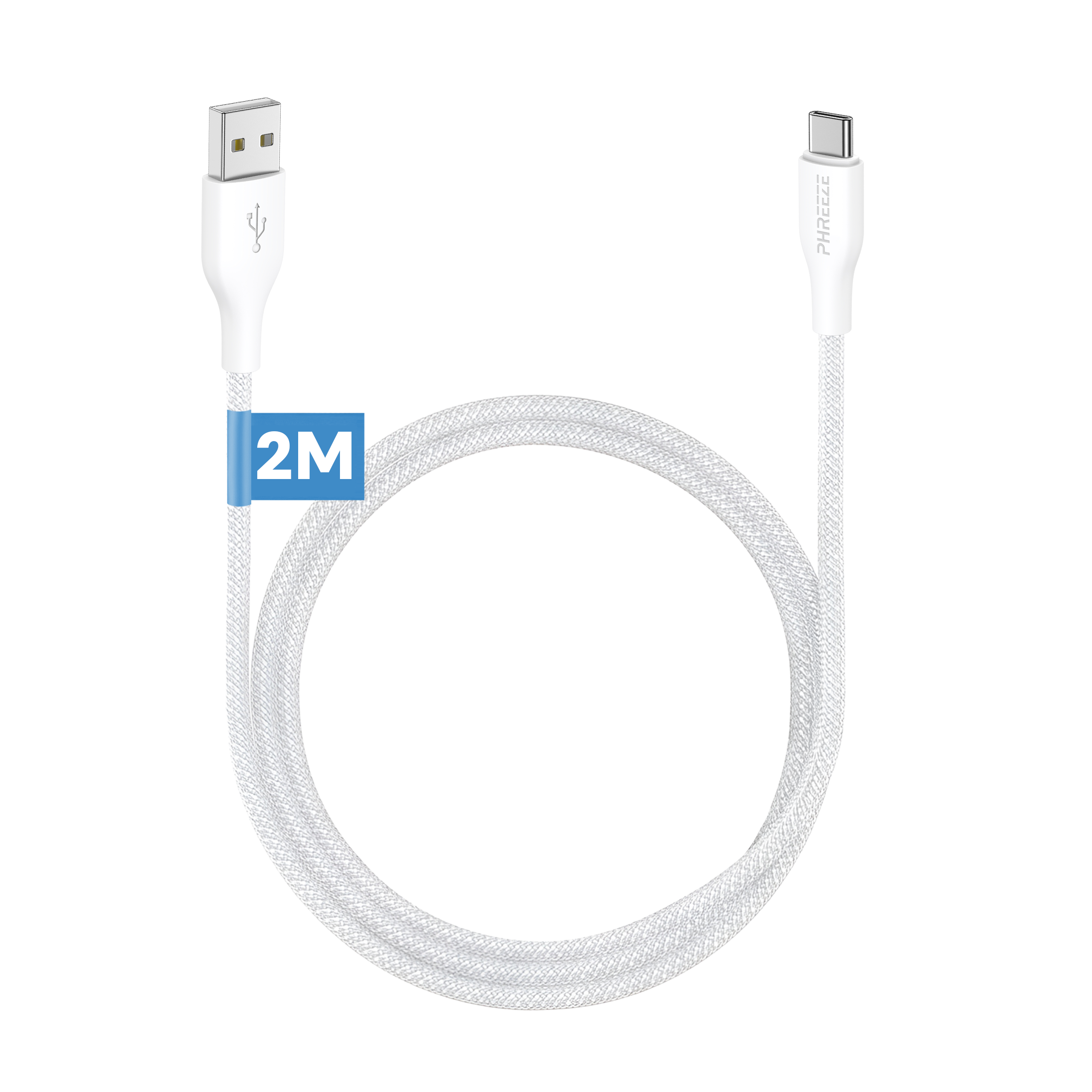 Een witte USB-C oplaadkabel op een witte achtergrond. De kabel is 2 meter lang.