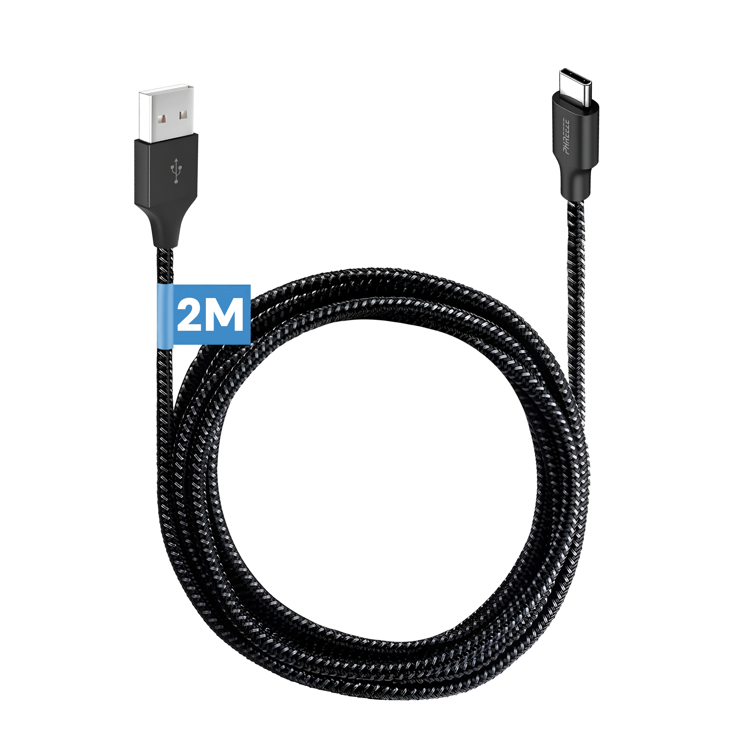 Een zwarte USB-C-kabel met een USB-A-connector. Hij is 2 meter lang. De achtergrond is wit.