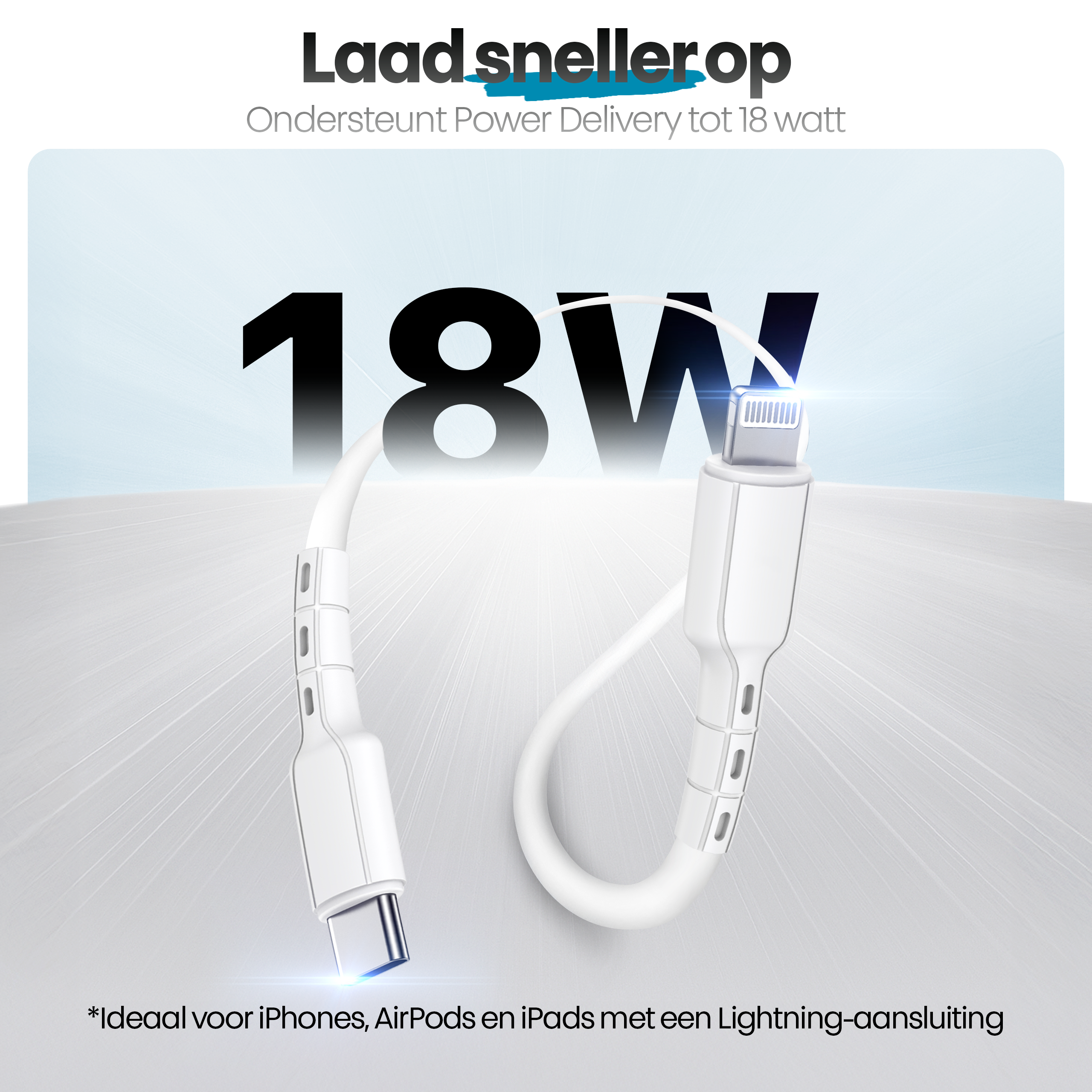 De afbeelding toont een witte oplaadkabel met de tekst 18W. Het ondersteunt Power Delivery tot 18 watt.