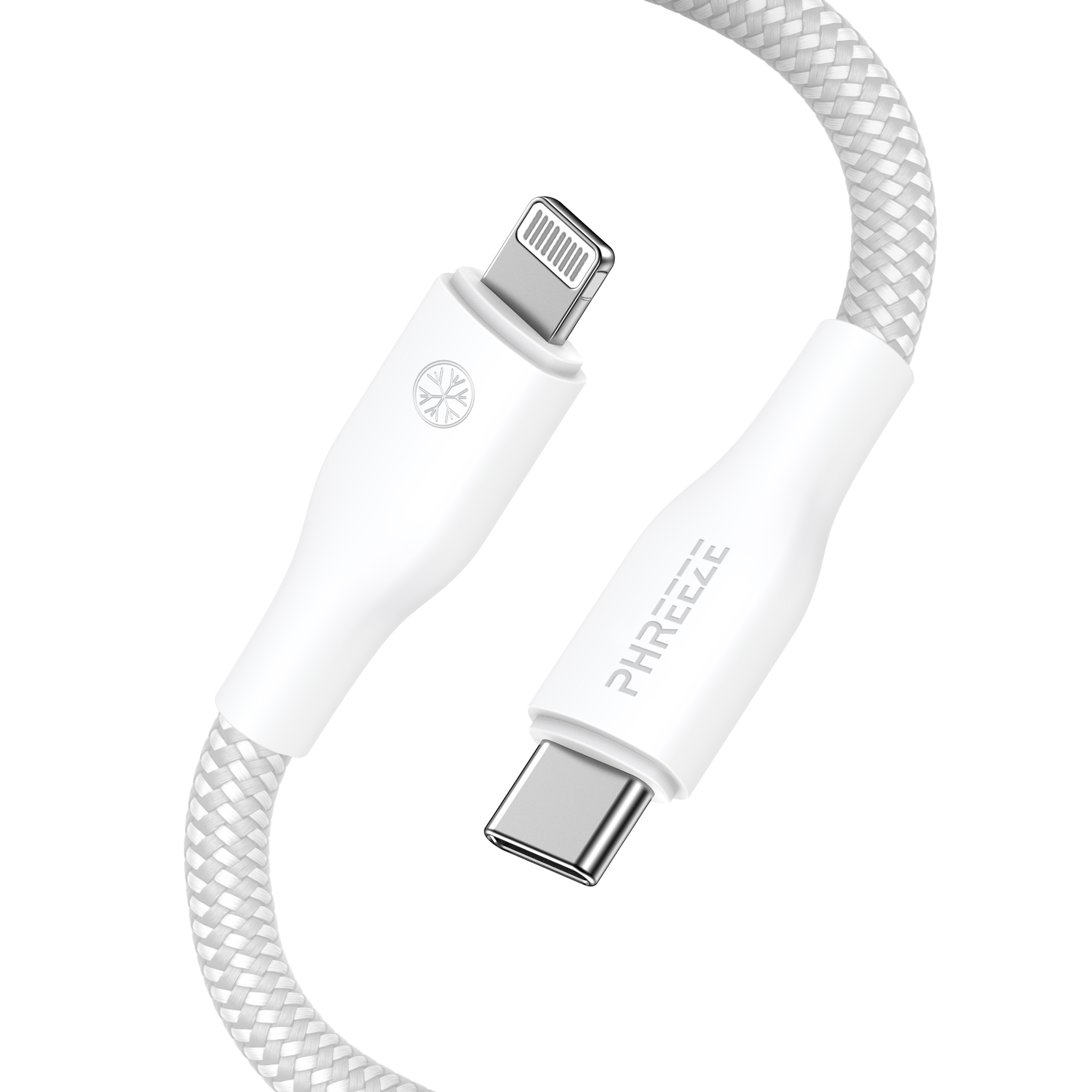 Witte gevlochten oplaadkabel met Lightning- en USB-C-connectoren. De merknaam 'PHREEZE' is zichtbaar.