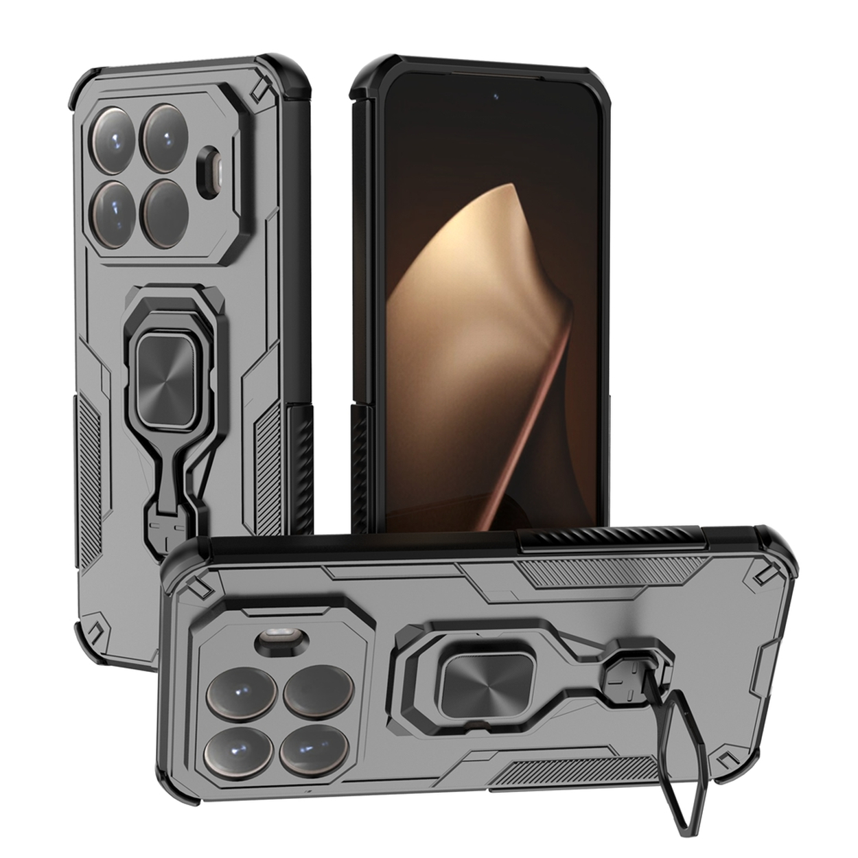 Drie grijze telefoonhoesjes met zwarte accenten. Eén hoesje heeft een telefoon erin, een ander heeft de achterkant zichtbaar. Allemaal hebben ze een ringhouder.