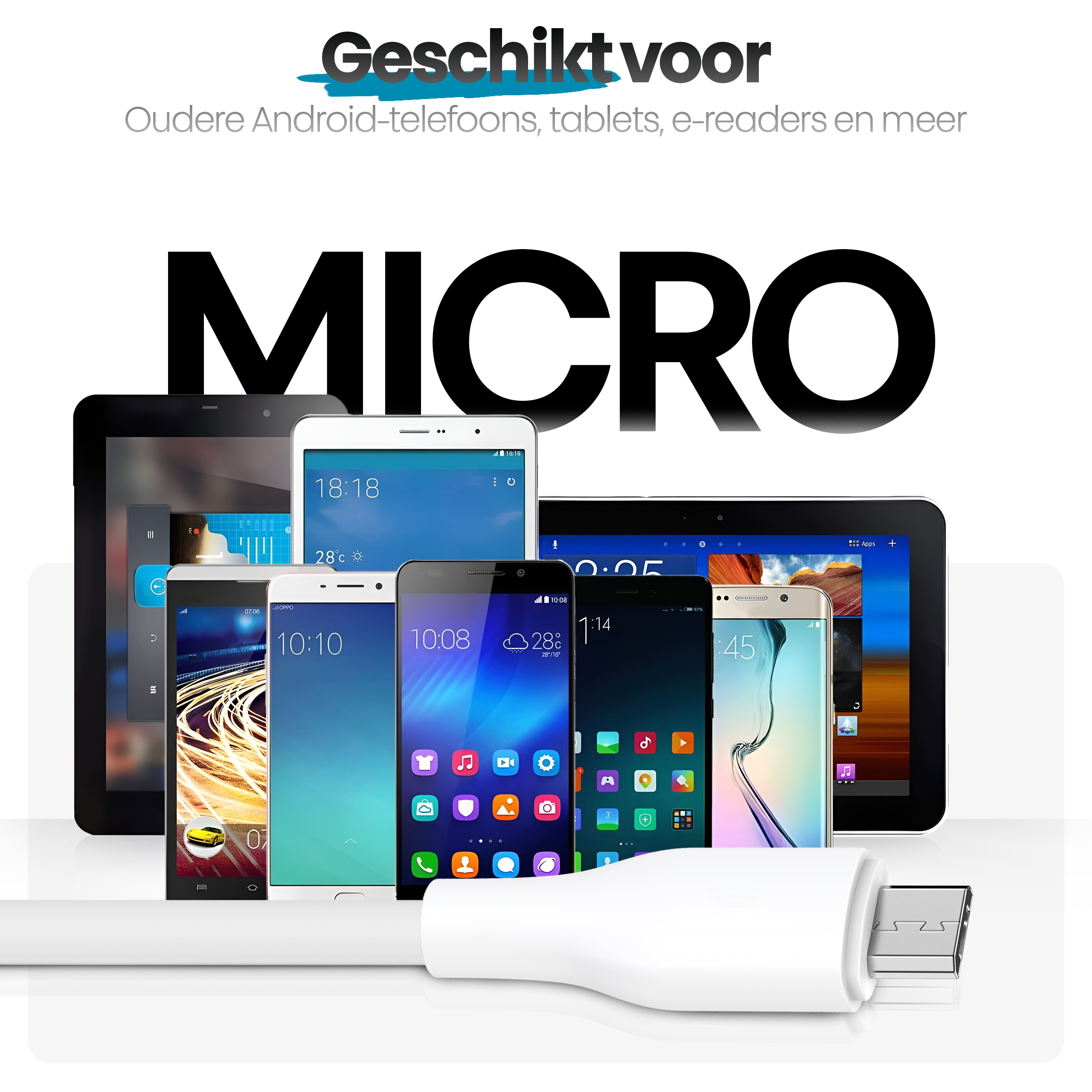 Image shows multiple smartphones and tablets with a white USB connector in the foreground. Text overlay reads 'MICRO'.