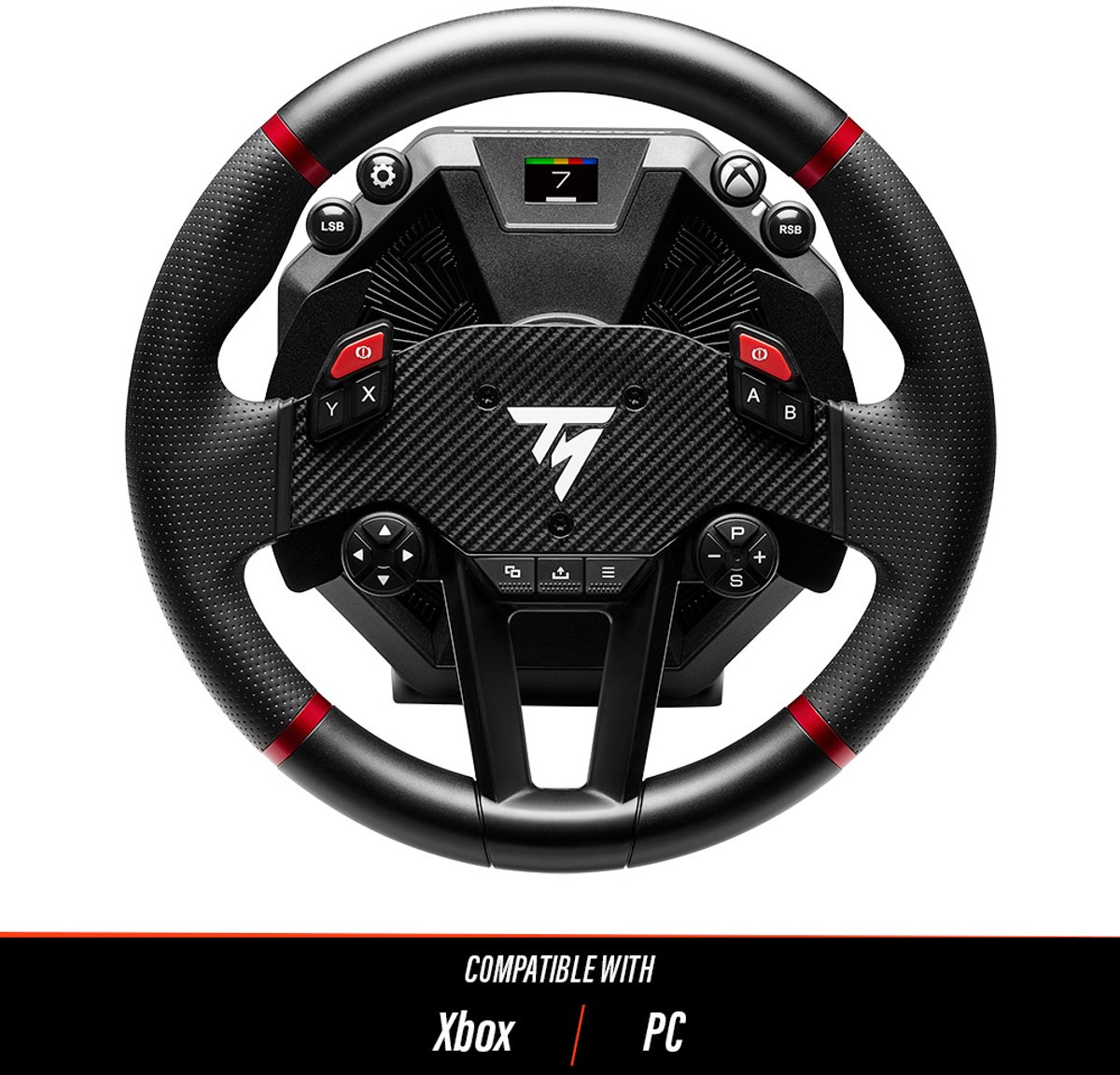 Volant noir avec des accents rouges. Boutons et un écran au centre. Compatible avec Xbox et PC.