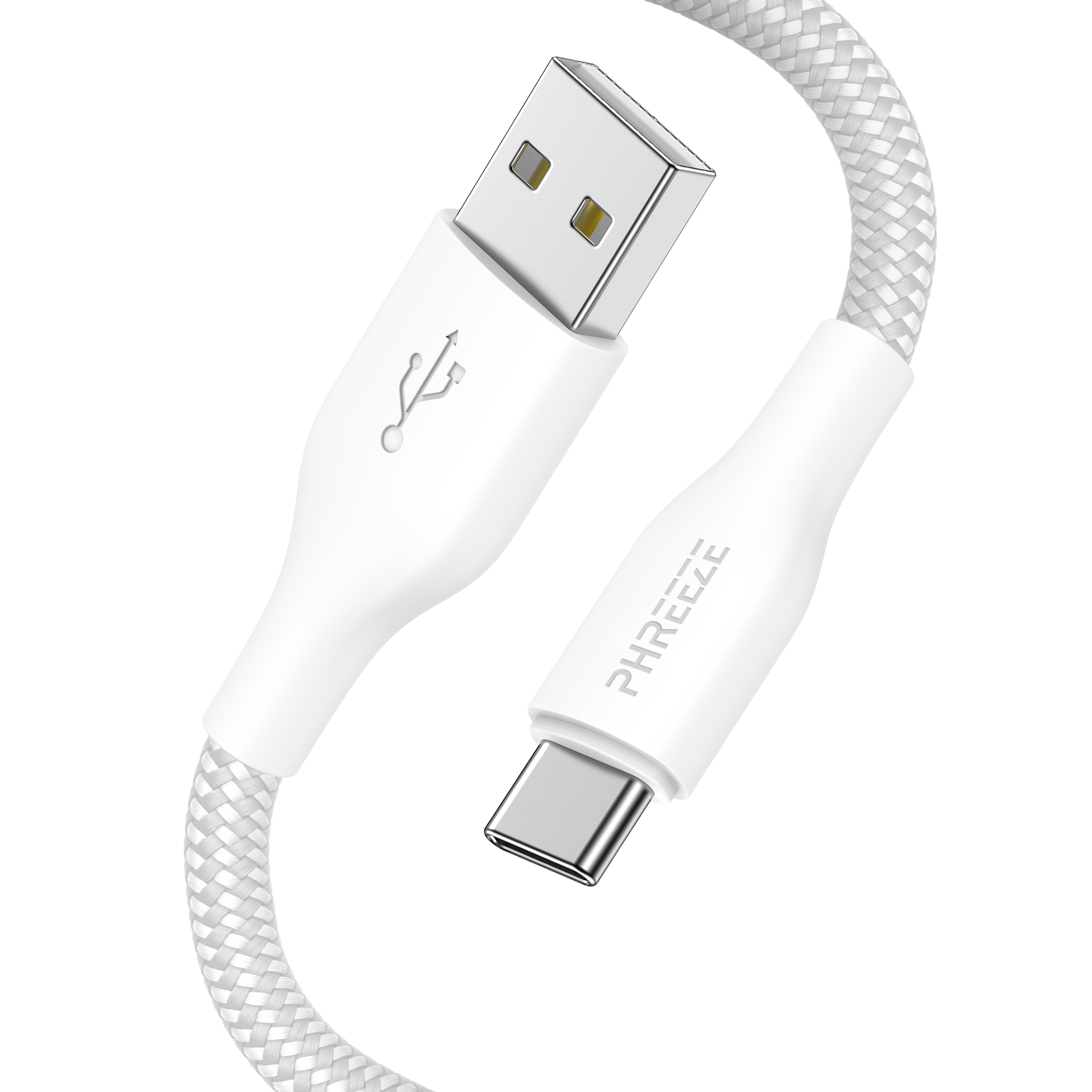 Een witte USB-oplaadkabel met USB-A- en USB-C-connectoren. De kabel is wit gevlochten.