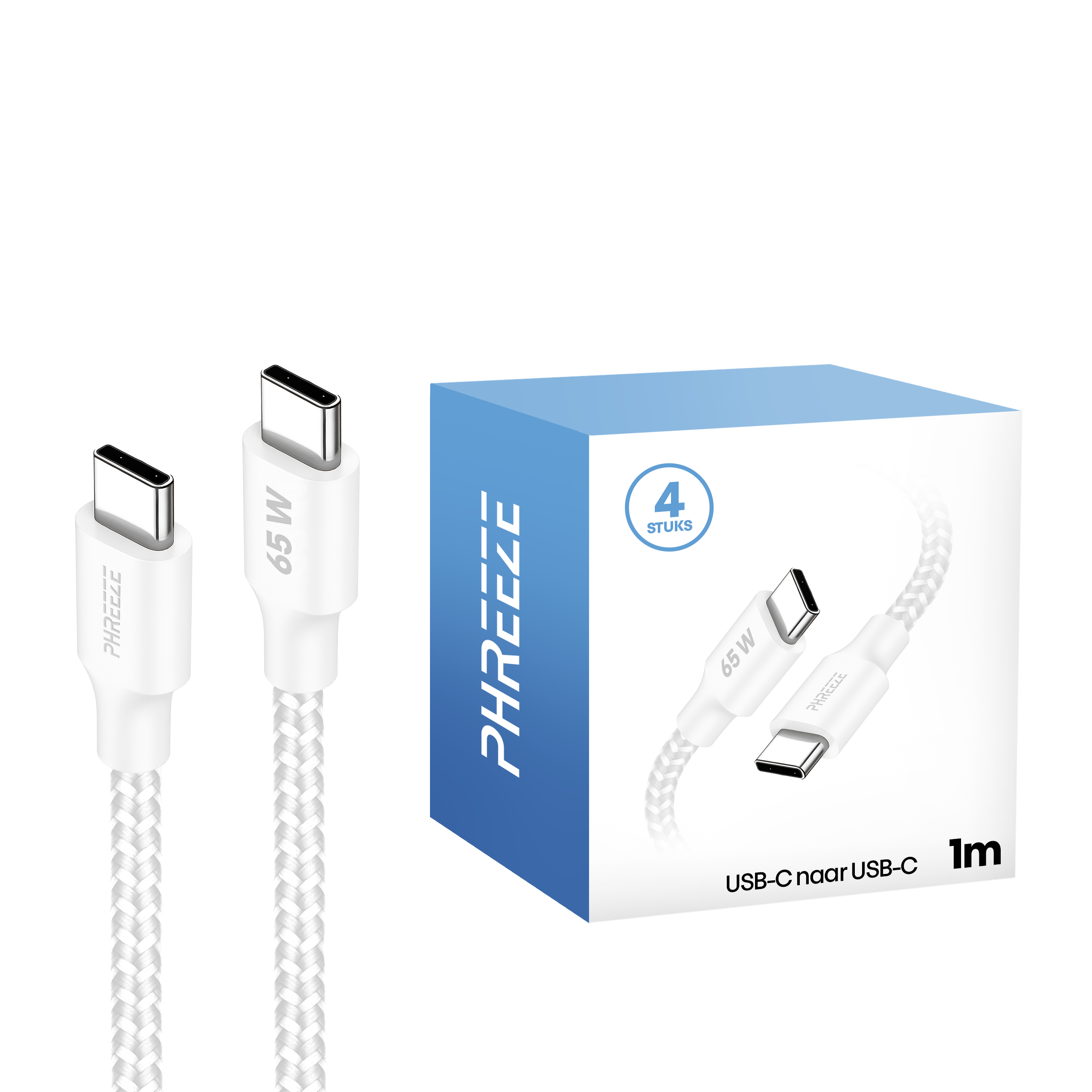 Witte USB-C kabels, 65W, en een blauwe doos met kabelafbeelding, merknaam PHREEZE en '4 stuks'.