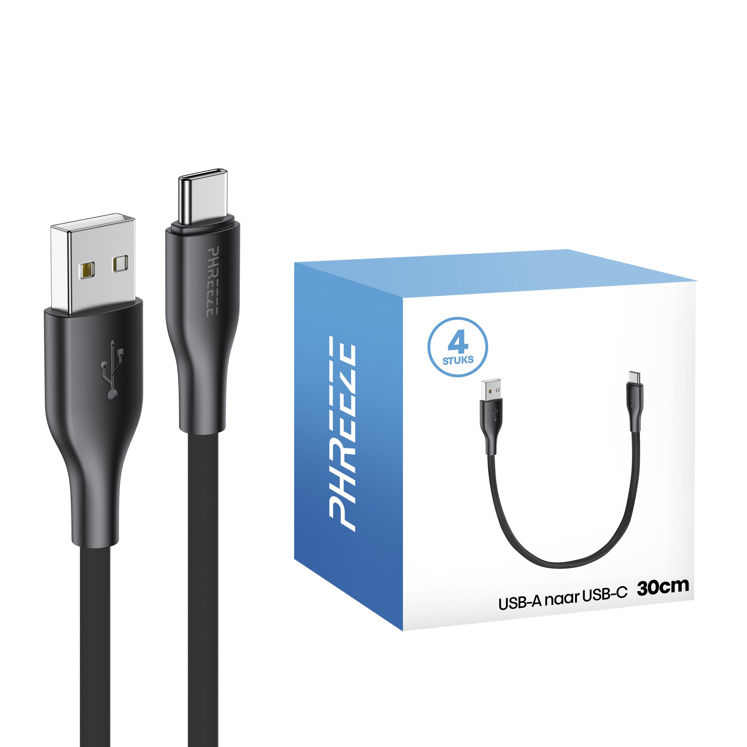Image shows USB cables and a box. Cables are black. The box is blue and white with the brand name.