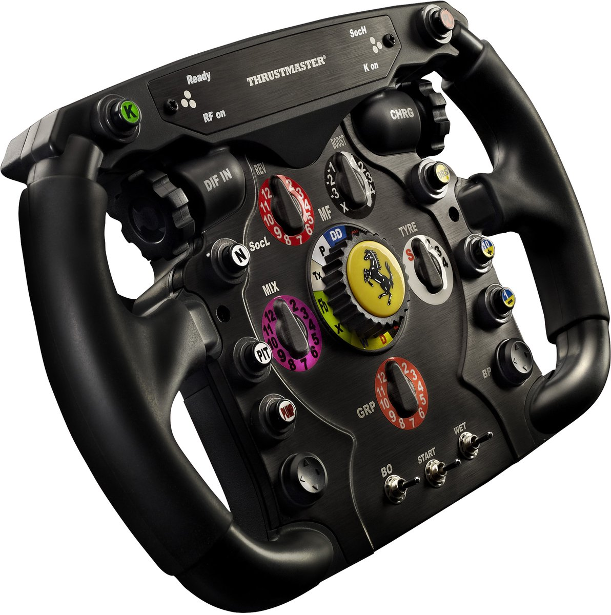 A black Thrustmaster racing wheel with buttons, switches, and dials. A Ferrari logo is in the center. The wheel has handles.