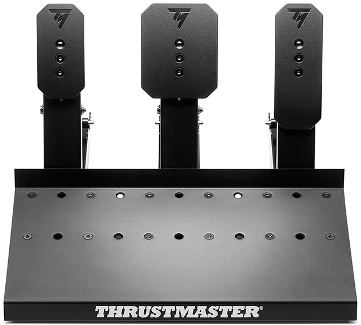 Black Thrustmaster racing pedals. Three pedals on a black base, with the Thrustmaster logo.