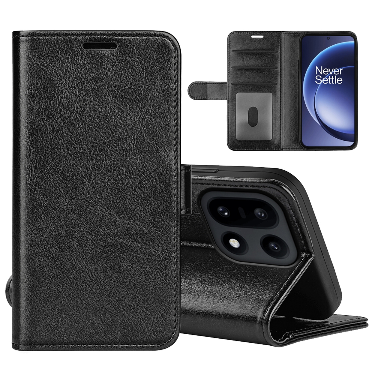Zwarte leren telefoonhoes met een telefoon erin. De telefoon toont de woorden 'Never Settle'.
