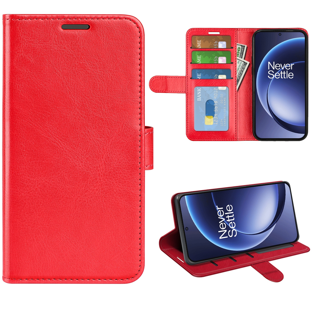 Rode telefoonhoes met telefoon, kaarten en geld erin. De telefoon toont 'Never Settle'.