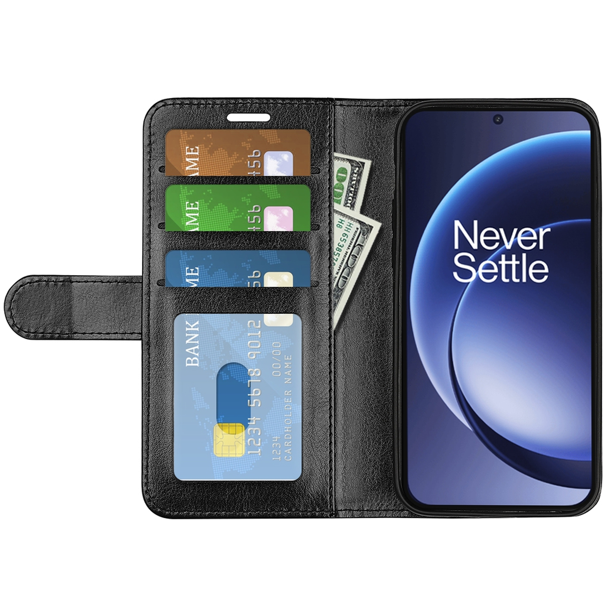 Zwarte telefoonhoes met een telefoon en kaarten erin. De telefoon toont 'Never Settle'. Kaarten in verschillende kleuren zijn zichtbaar.