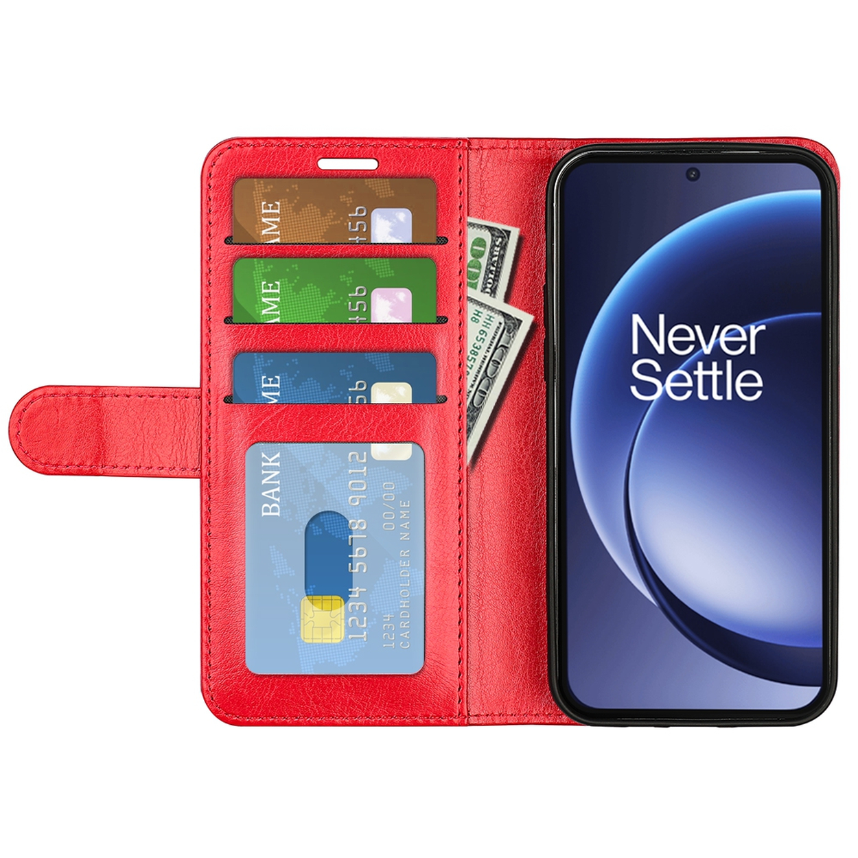 Een rode telefoonhoes met telefoon, creditcards en geld. De telefoon heeft een blauw ontwerp en zegt 'Never Settle'.