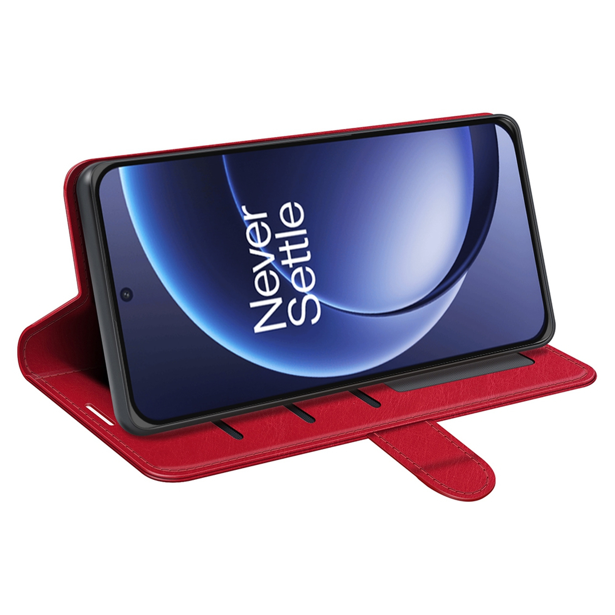 Rode telefoonhoes met een telefoon met blauwe afbeeldingen en witte tekst, de woorden 'Never Settle' zijn zichtbaar.