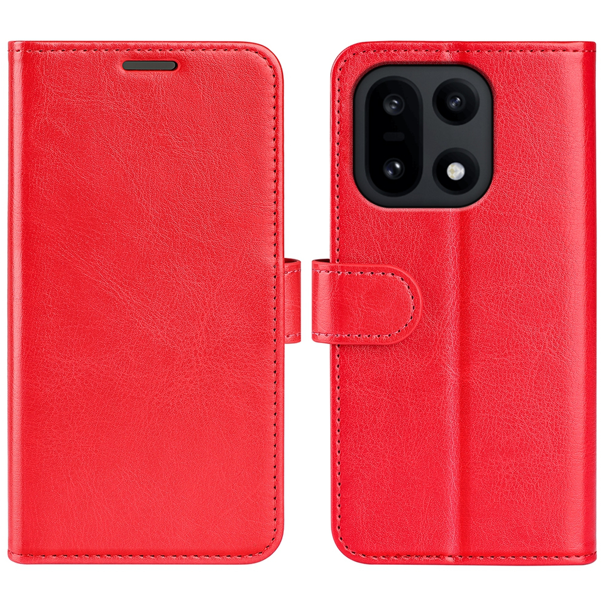 Een rode leren telefoonhoes, open, met de camera en het scherm. Met magneetsluiting en stiksels.