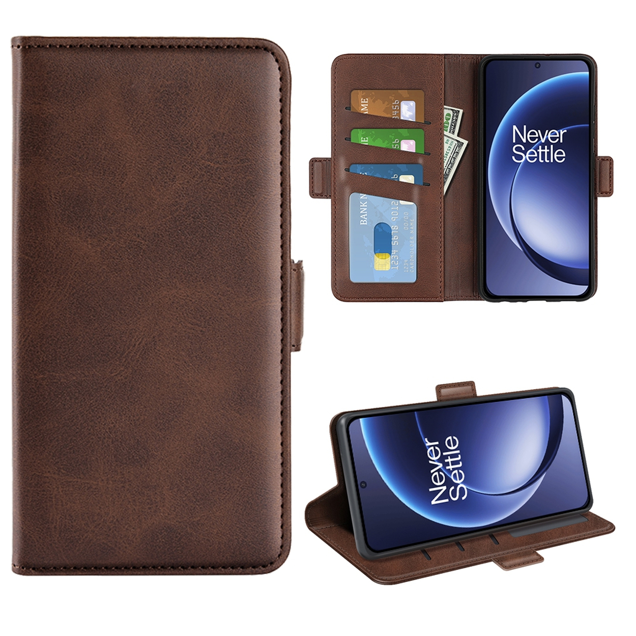 Een bruine leren telefoonhoes is open en toont een smartphone, creditcards en contant geld. Een andere hoes is gesloten en een andere is open als standaard.