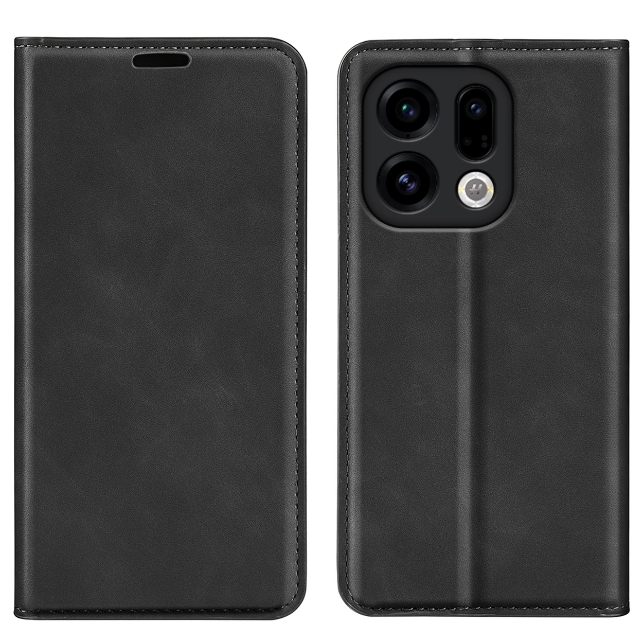Zwarte telefoonhoes open. De rechterkant toont de telefoon, met camera's. De linkerkant is de cover. Beide zijden zijn zwart.