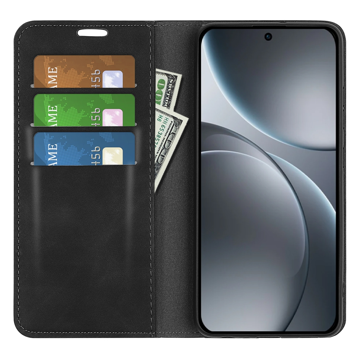 Zwarte telefoonhoes met creditcardvakjes en een smartphone. Kaarten zijn goud, groen, blauw. Amerikaanse dollars zijn geplaatst.