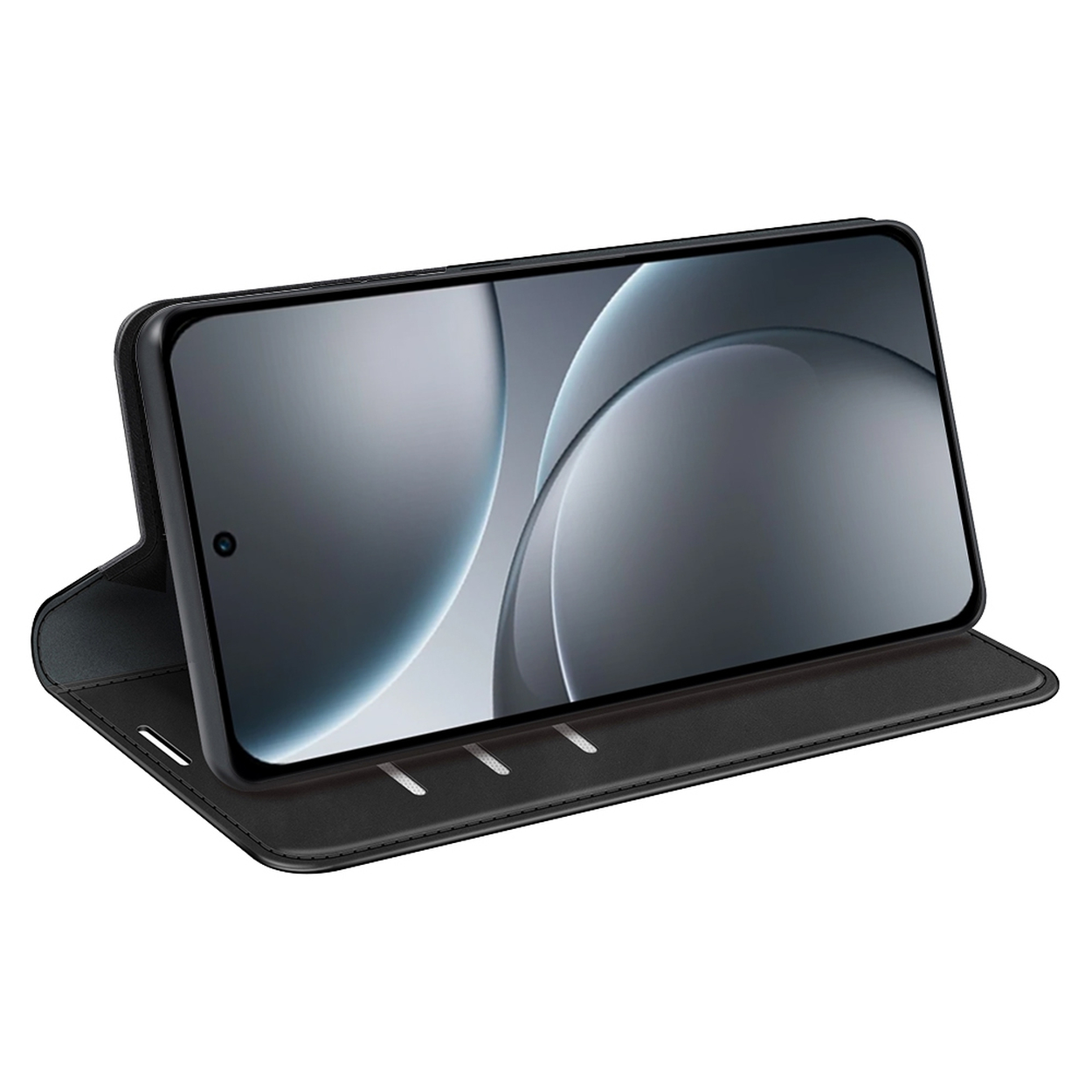 Een zwarte smartphone in een zwarte hoes wordt weergegeven. Het scherm toont een wazig, abstract ontwerp. De hoes is open.