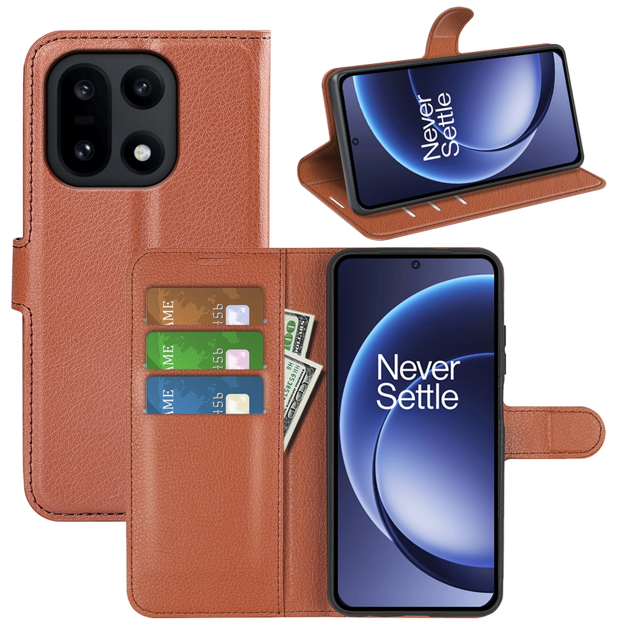 Bruine leren telefoonhoes met zichtbare kaarten en geld. Er wordt ook een telefoon met een blauwe afbeelding weergegeven.