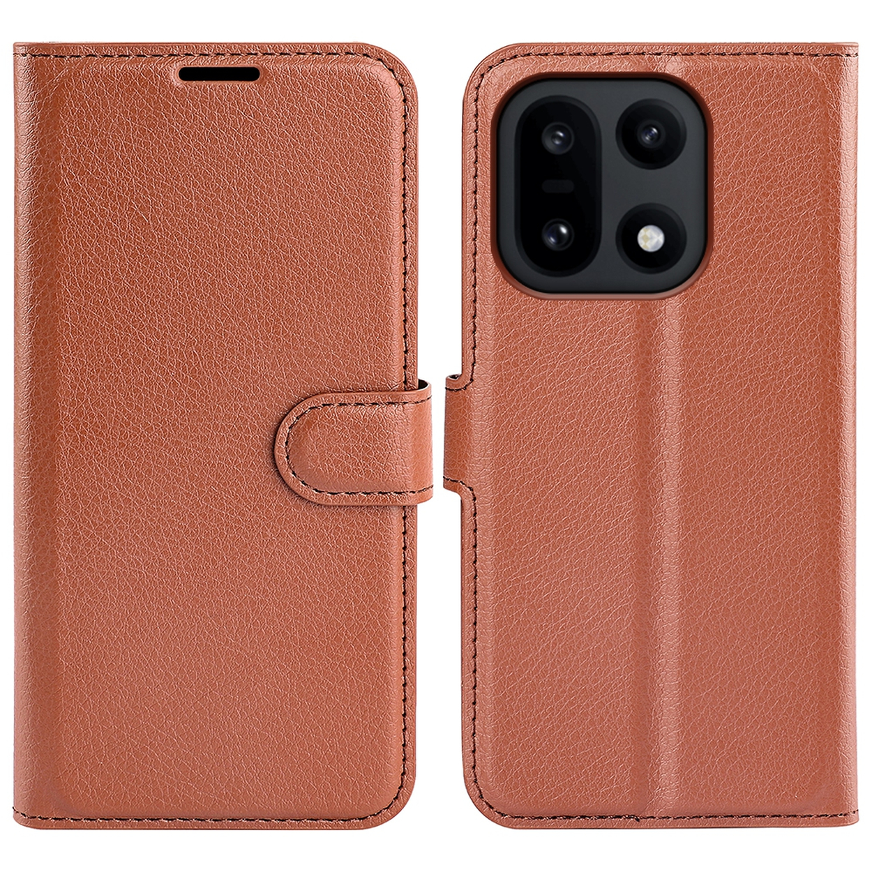 Bruine leren telefoonhoes. De hoes is open en toont een telefoonhouder met camera-uitsparingen en een sluiting.