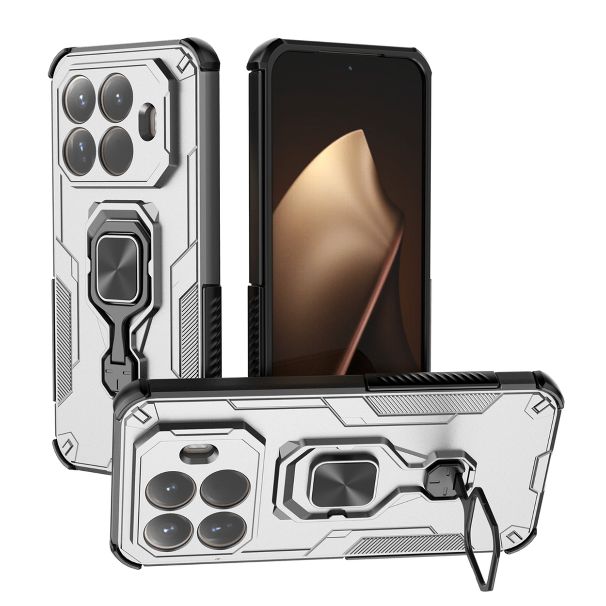Drie telefoonhoesjes: zilver en zwart, met een telefoon erin. Hoesjes hebben camera-uitsparingen, ringen en een koord. Het scherm is zichtbaar.