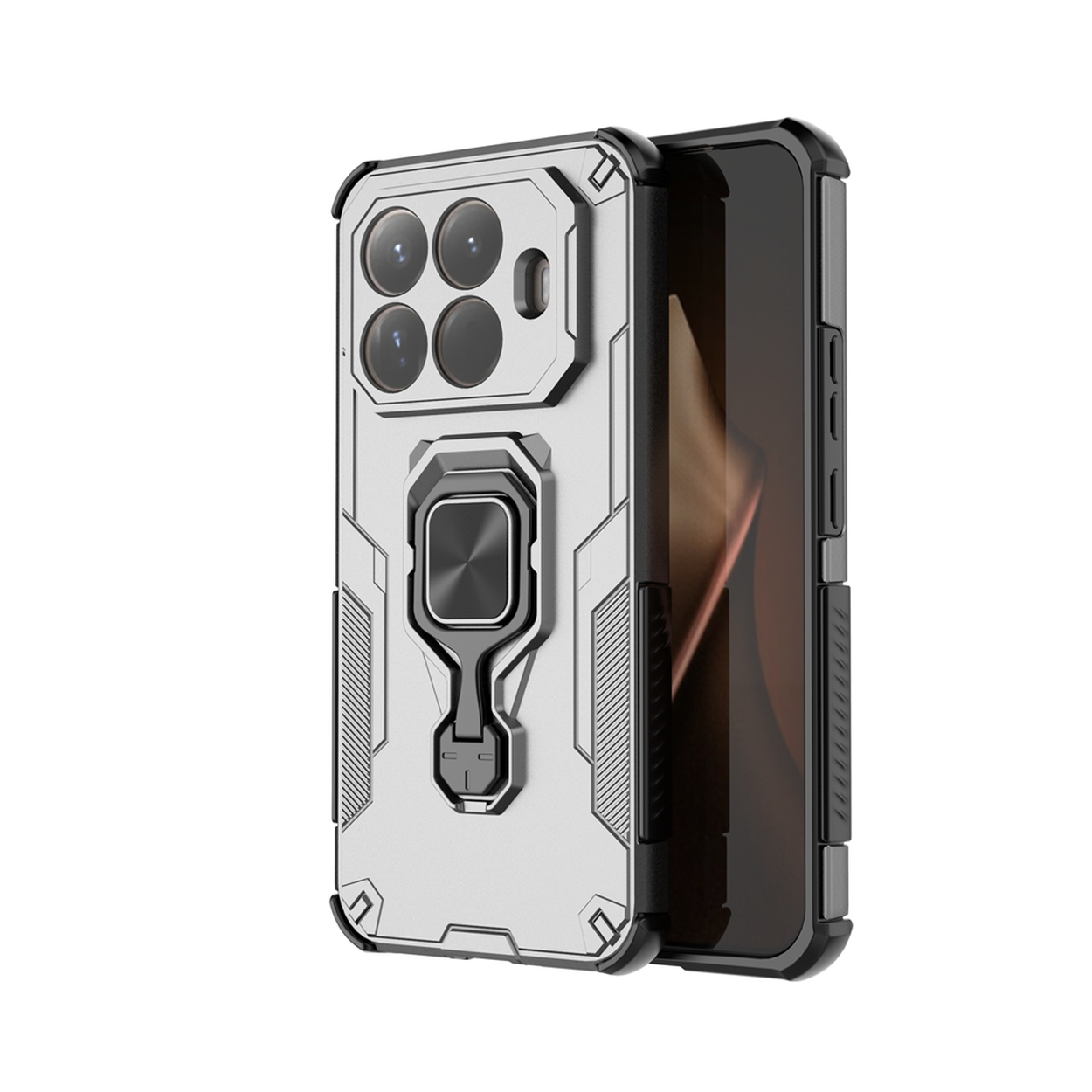 Een telefoon in een zilveren en zwarte beschermhoes met cameralenzen en een ringhouder, tegen een witte achtergrond.