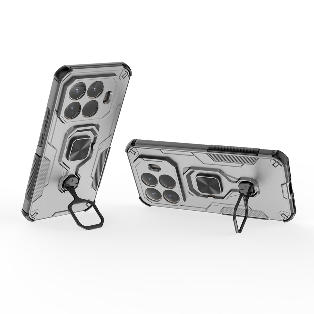 Twee zilveren telefoonhoesjes met zwarte accenten worden getoond. Eén staat rechtop, de andere ligt plat. Beide hebben ringhouders.