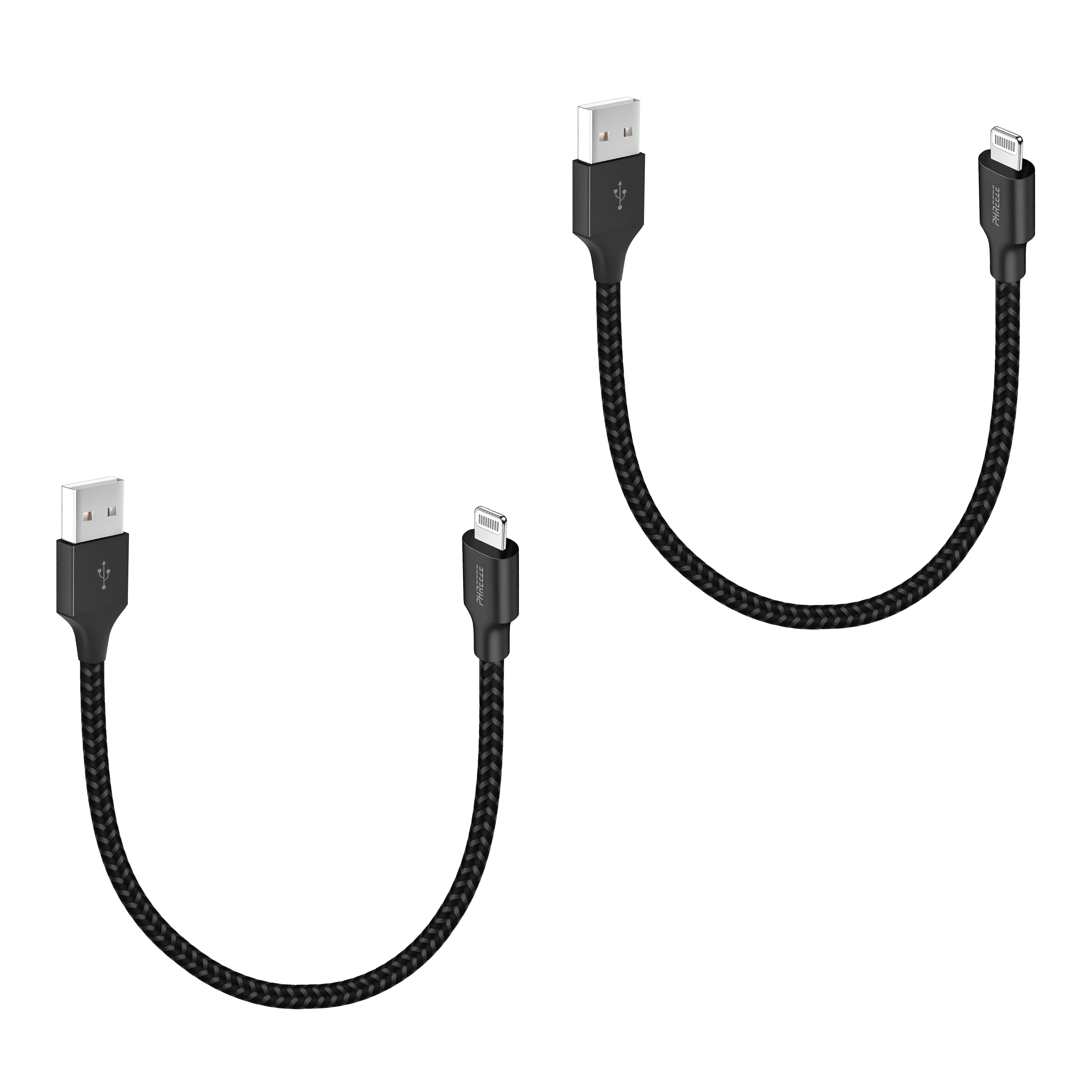 Two black USB cables with braided design. Each cable has a USB and a Lightning connector, set against a white background.
