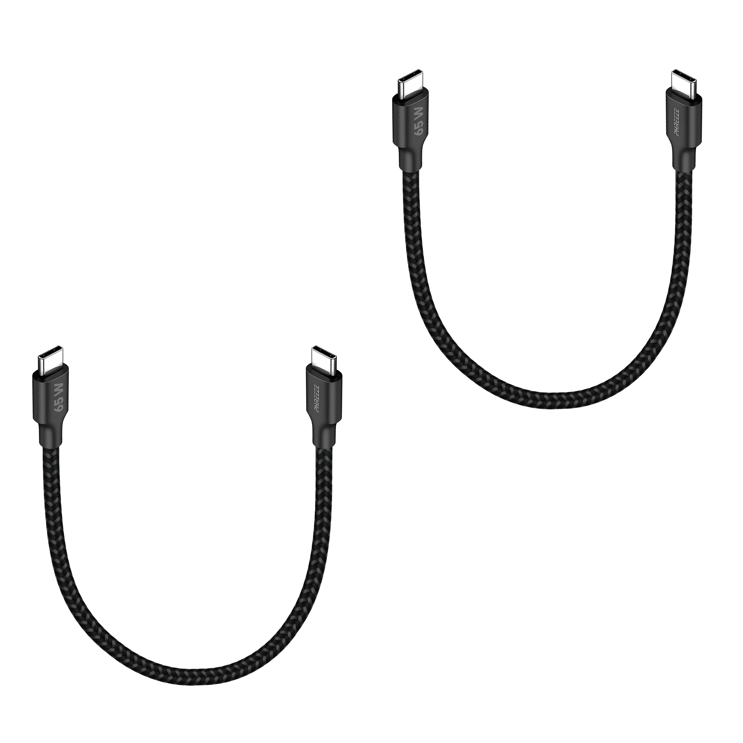 Twee zwarte gevlochten USB-C-kabels, elk met een connector aan elk uiteinde, tegen een witte achtergrond.