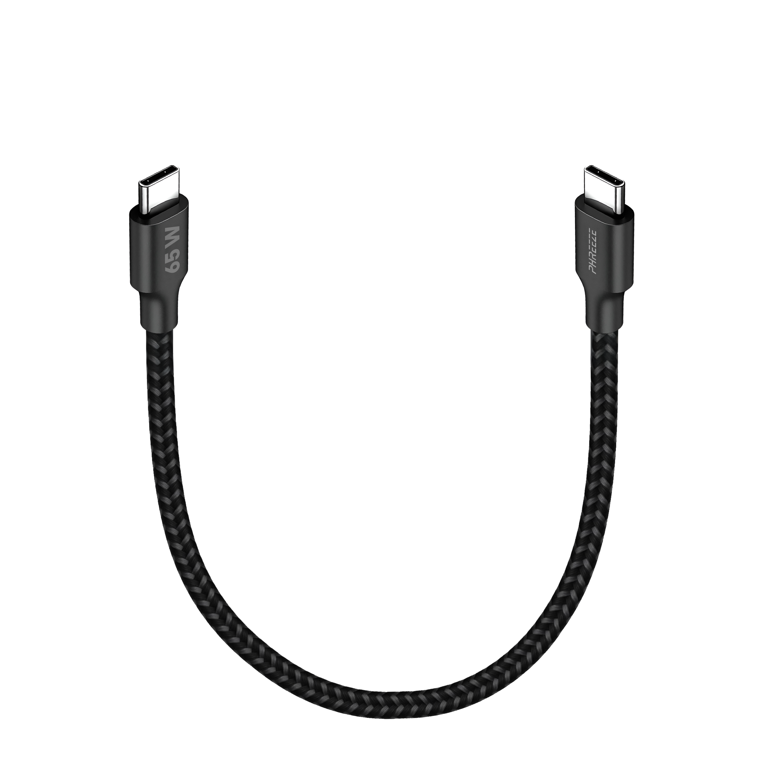 Een zwarte USB-C kabel met gevlochten ontwerp. Eén uiteinde heeft '65 W' en de andere 'PHREEE' erop.