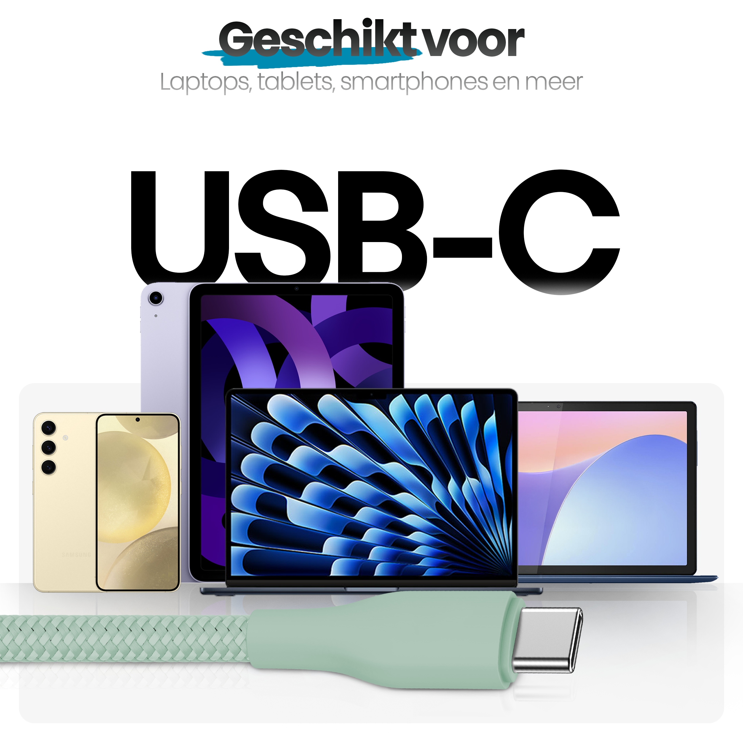 Afbeelding toont een USB-C-kabel met apparaten zoals tablets en smartphones. Tekst zegt: 'Geschikt voor laptops...'
