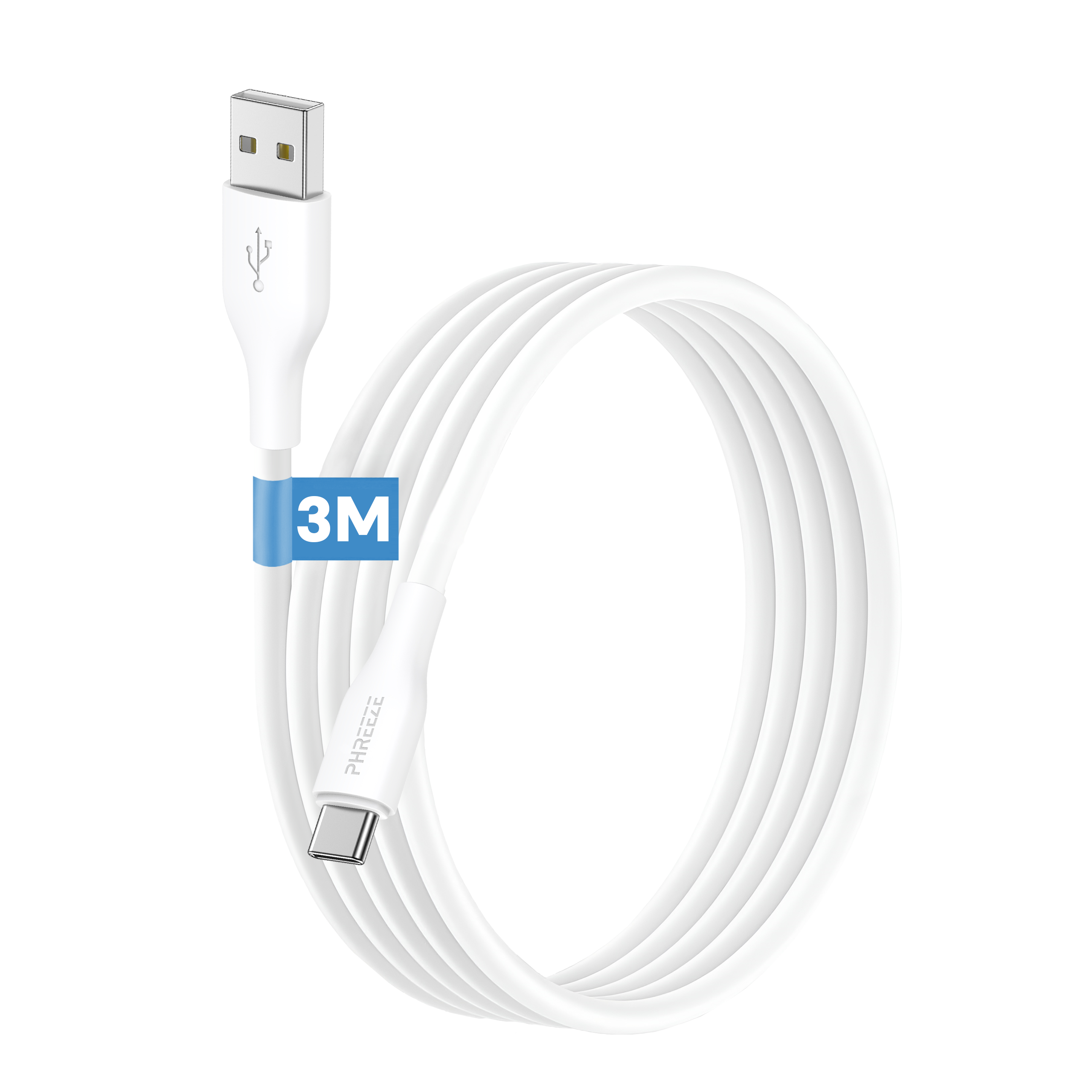 Een witte USB-C oplaadkabel, opgerold. Het heeft een USB-A-connector aan één kant en een USB-C aan de andere kant. Er zit een blauw 3M-label op.