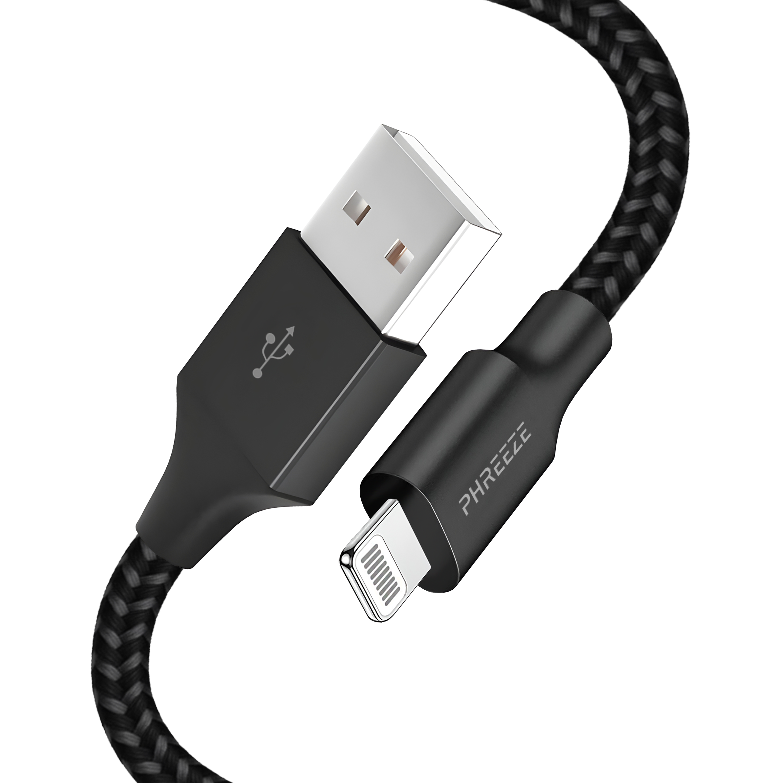 Zwarte USB naar Lightning kabel. De kabel is gevlochten. Eén uiteinde is USB, de andere Lightning.
