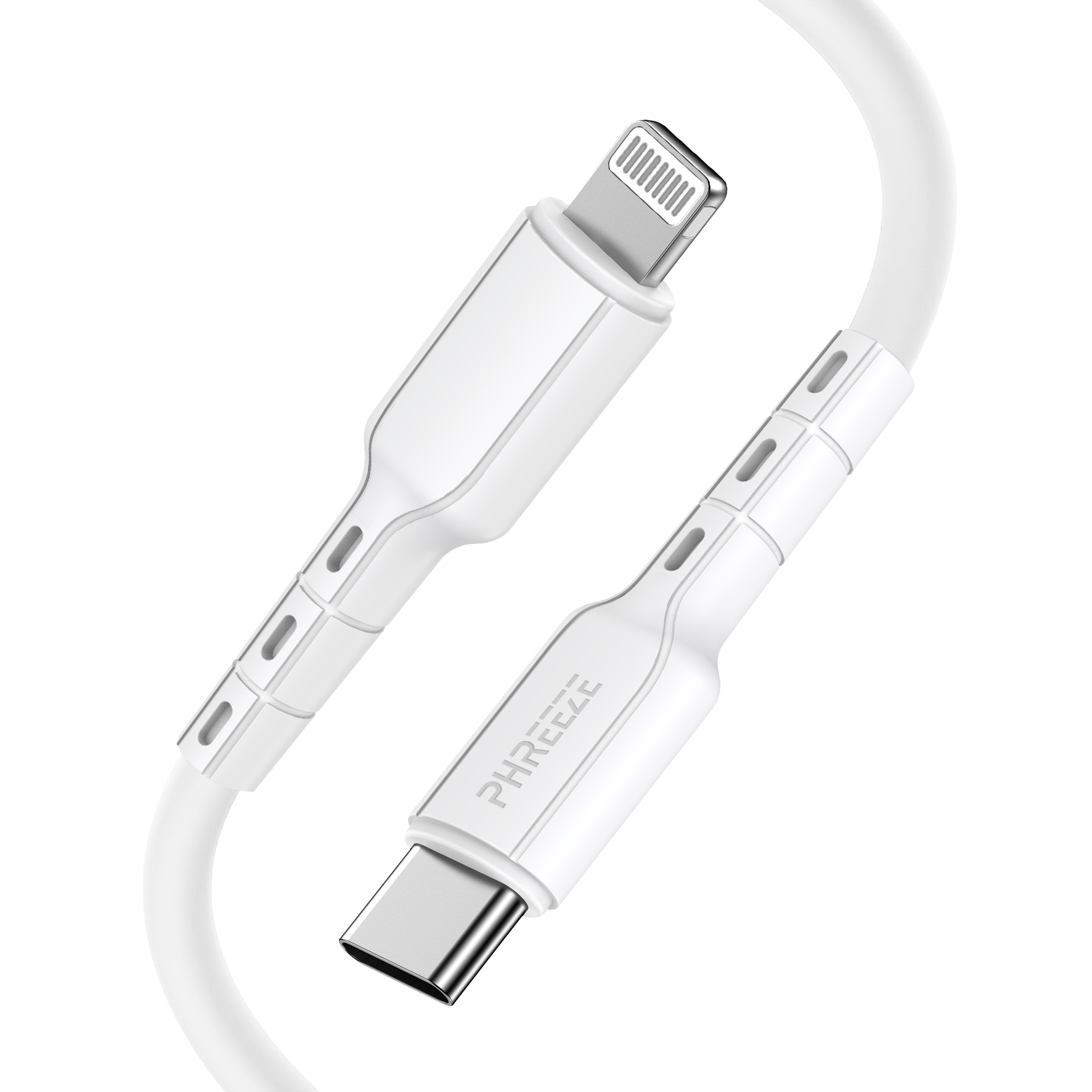 Een witte USB-C naar Lightning-kabel. De kabel heeft een wit snoer en witte connectorbehuizingen. De merknaam is zichtbaar.