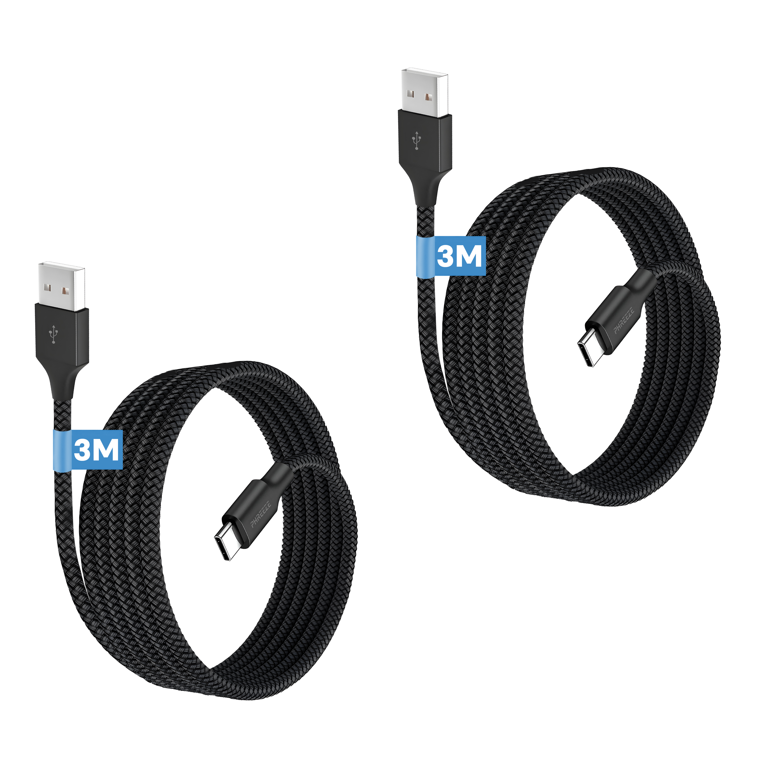 Twee zwarte USB-kabels met gevlochten textuur, elk met 3M label. Eén USB-A naar USB-C en een andere USB-A naar USB-C.