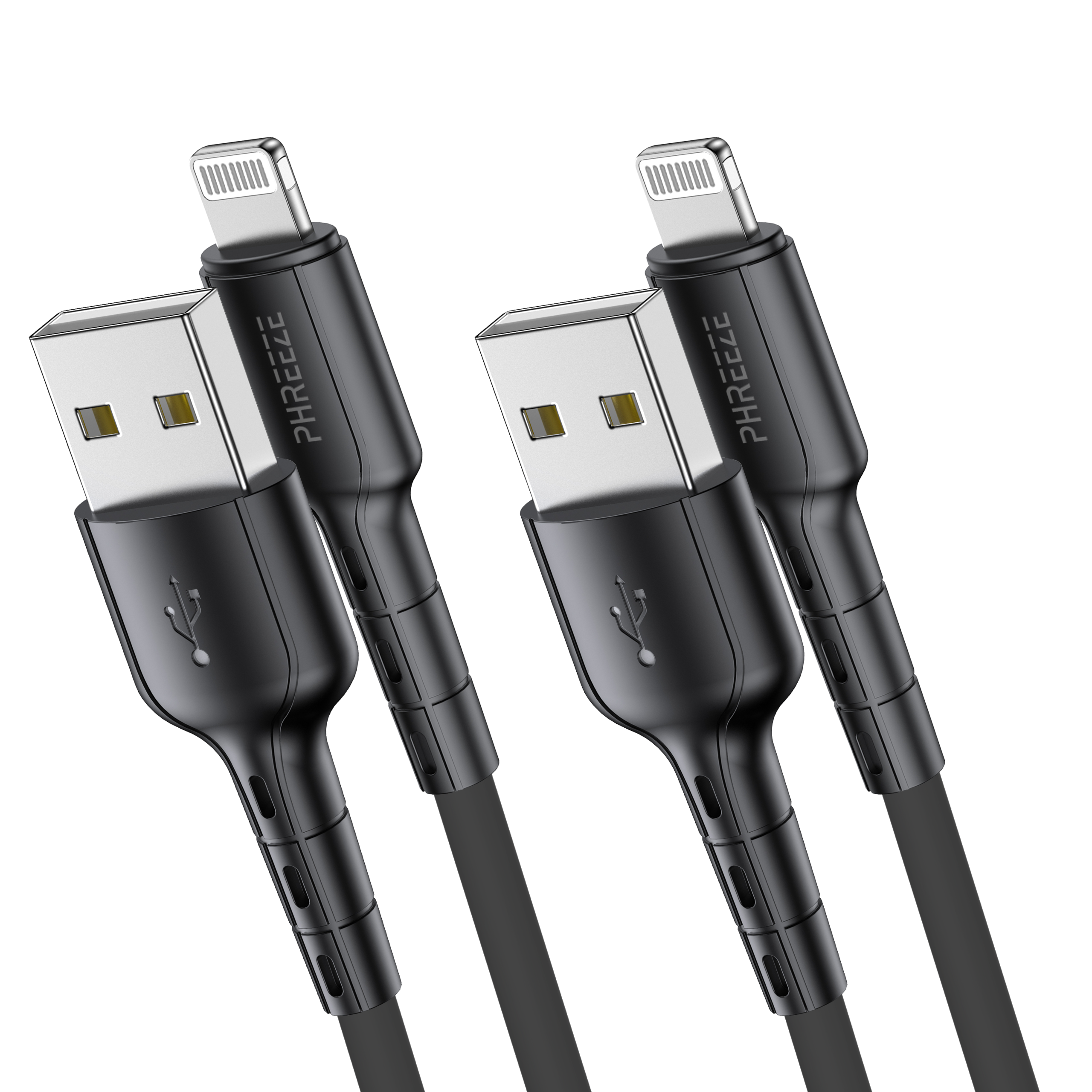 Two black charging cables with USB and lightning connectors, on a white background. 'PHREZEE' is printed on them.