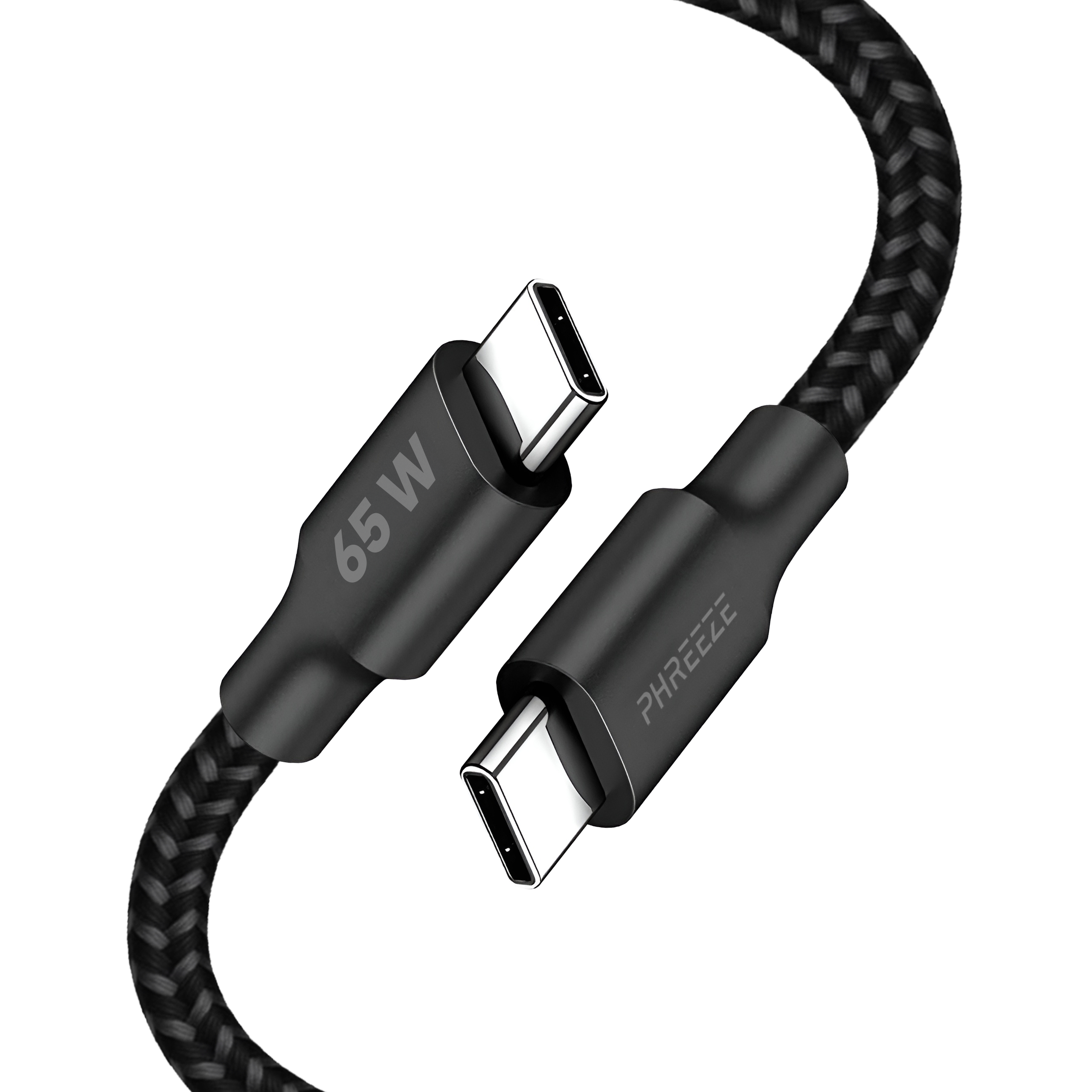 Zwarte USB-C-kabel met gevlochten ontwerp. Connectoren aan elk uiteinde, één met 65W, de andere PHREEEZE.