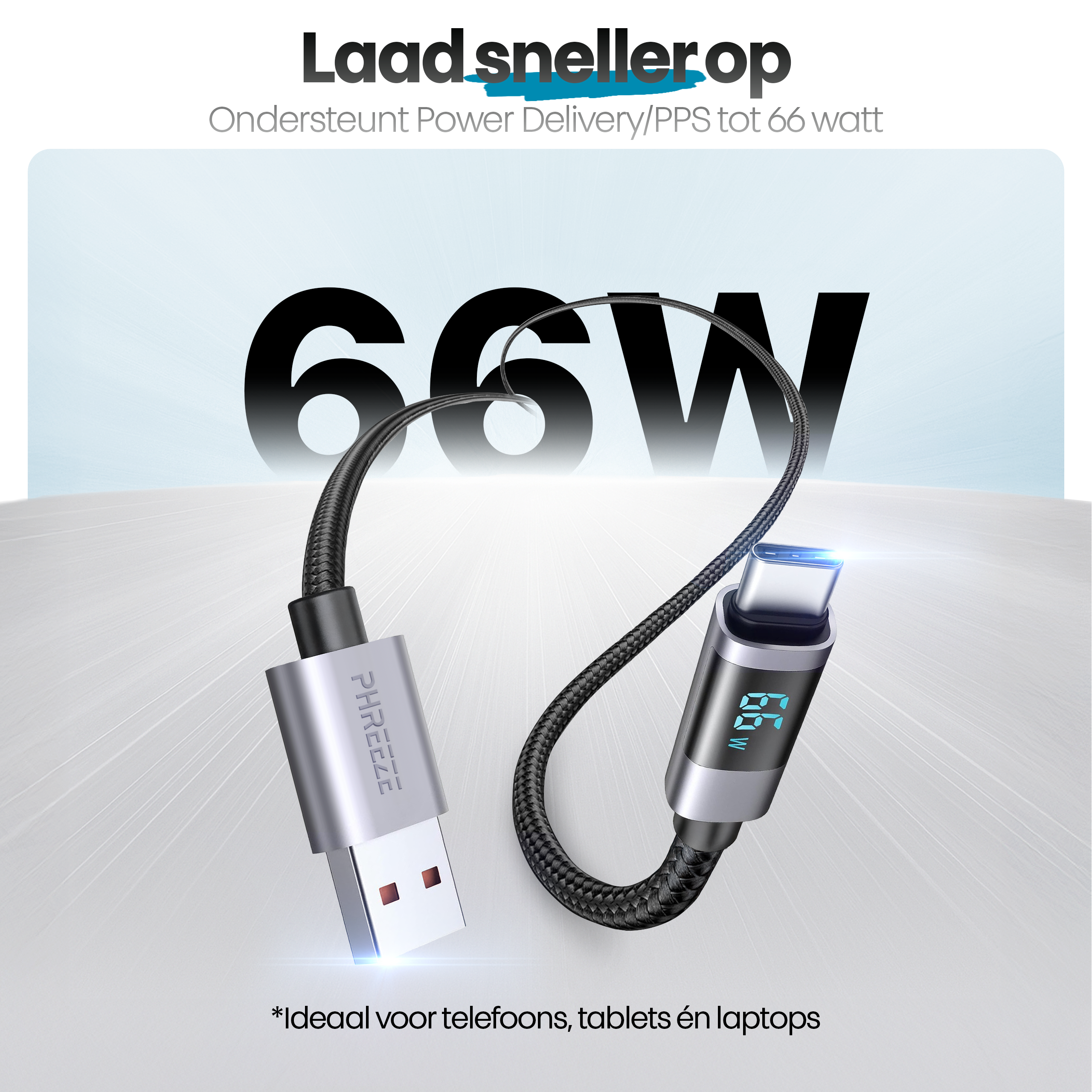 Afbeelding toont een zwarte en zilveren oplaadkabel met de tekst 66W. Het heeft een USB- en een USB-C-connector.