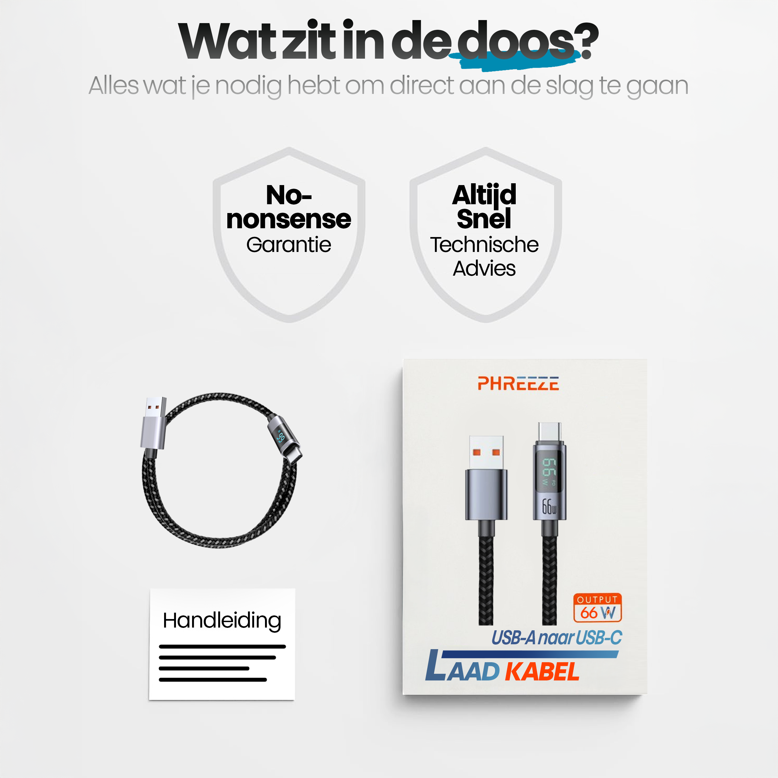 Afbeelding toont een zwarte USB-kabel met een digitaal display en een witte doos met 'LAAD KABEL'.
