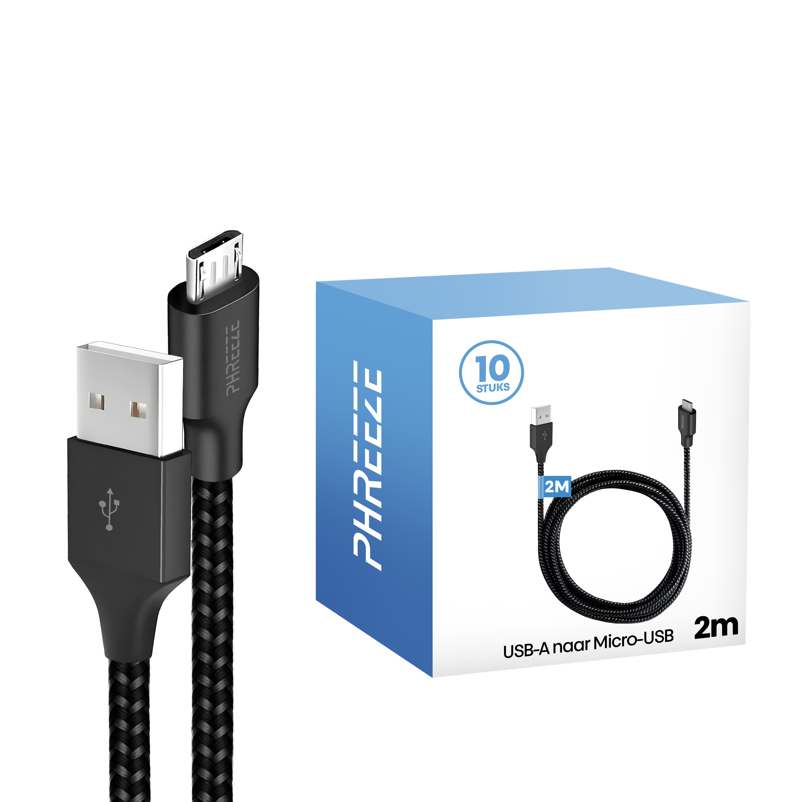 Black USB cable with Micro-USB. A blue box with the product logo. White background.